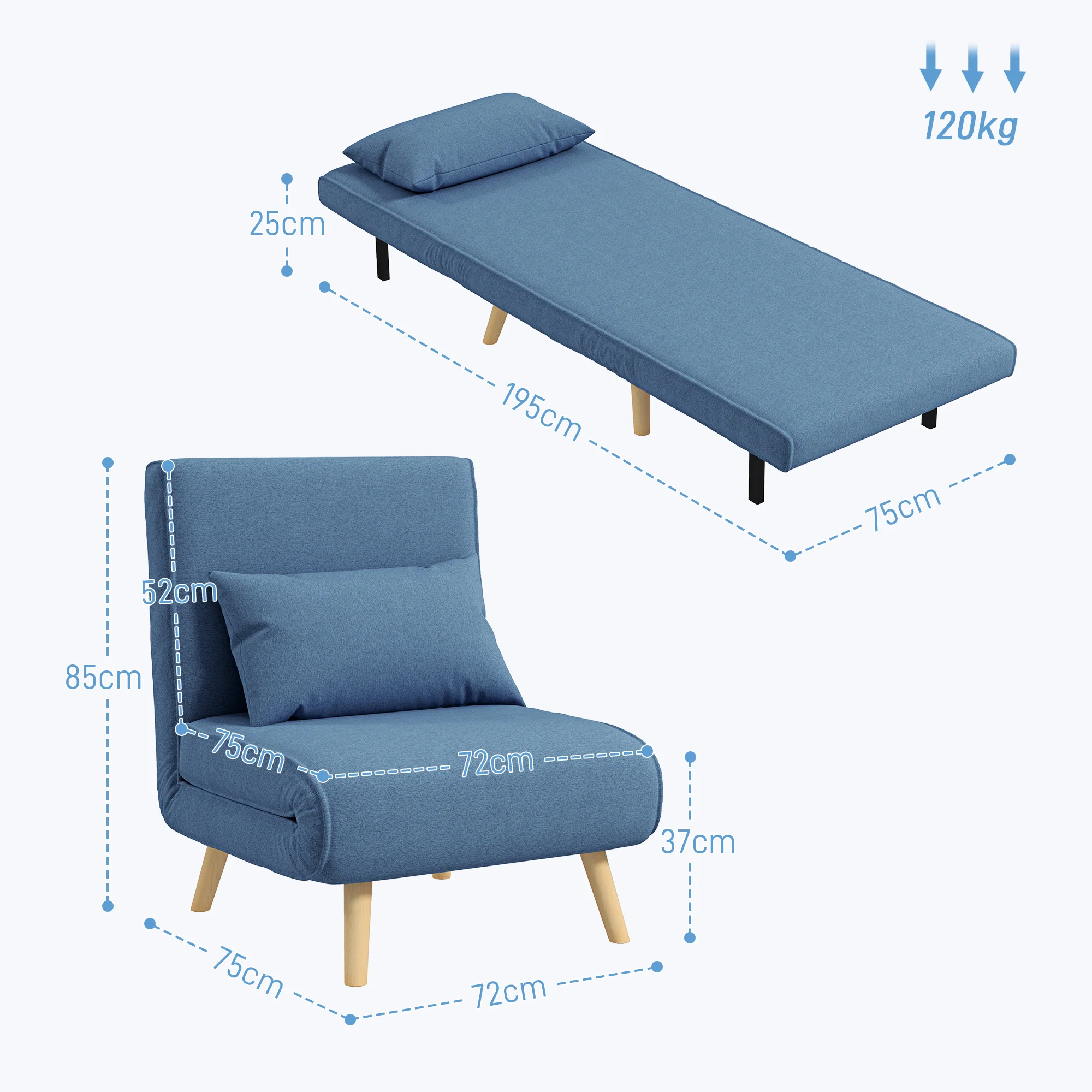 3 en 1 fauteuil convertible 1 place, fauteuil lit et chauffeuse - dossier inclinable 5 niveaux et oreiller inclus, siège rembourré - pour bureau, salon, chambre à coucher, bleu - Image 4