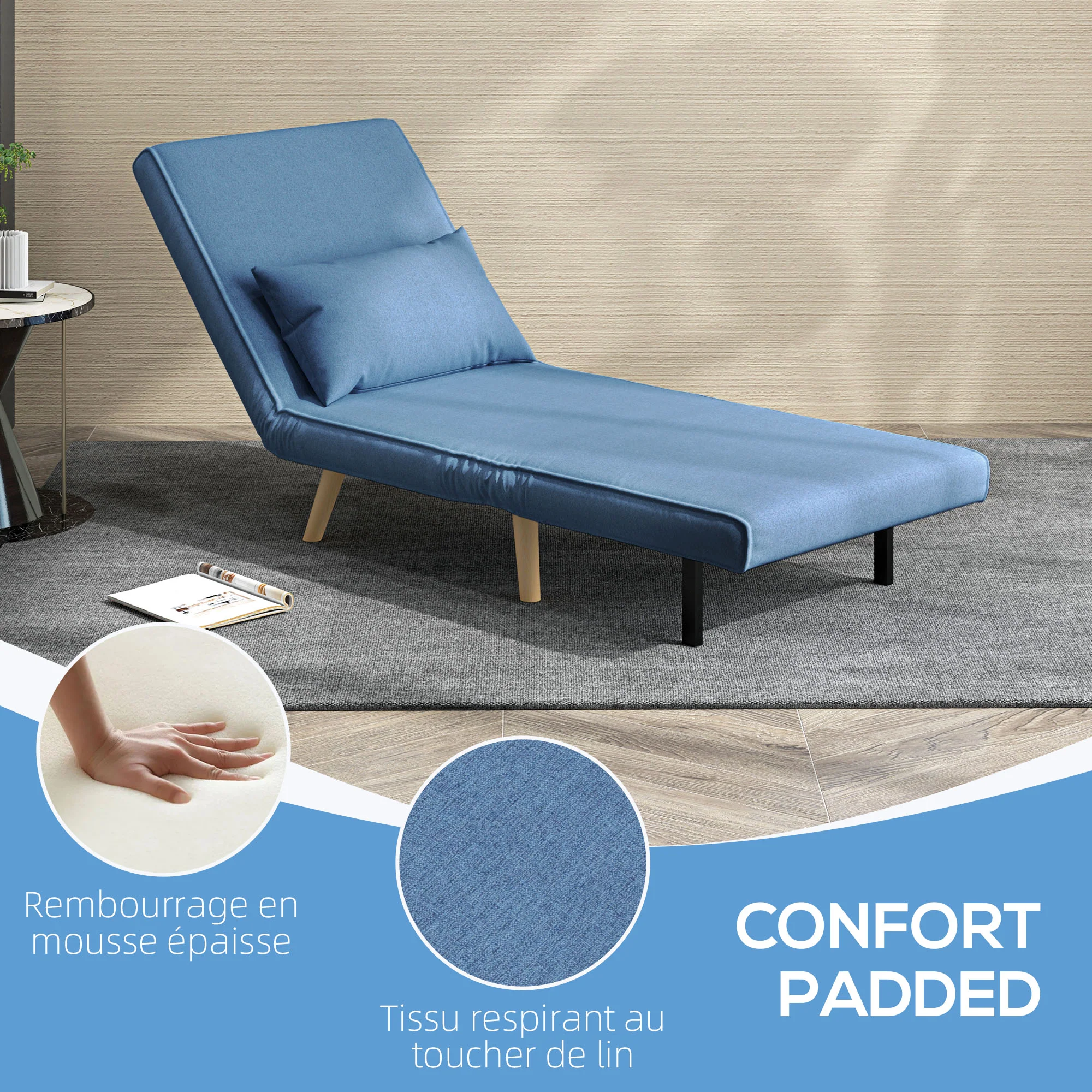 3 en 1 fauteuil convertible 1 place, fauteuil lit et chauffeuse - dossier inclinable 5 niveaux et oreiller inclus, siège rembourré - pour bureau, salon, chambre à coucher, bleu - Image 7
