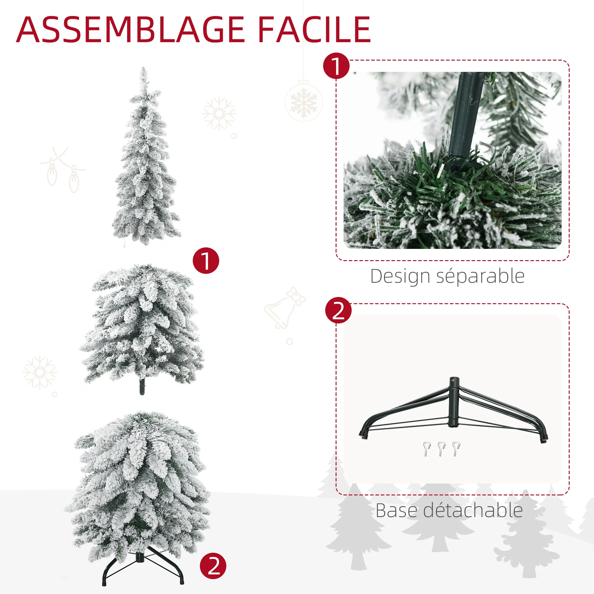Arbre de Noël artificiel 135 cm sapin de Noël avec support en acier 253 branches enneigées socle pliable vert - Image 8