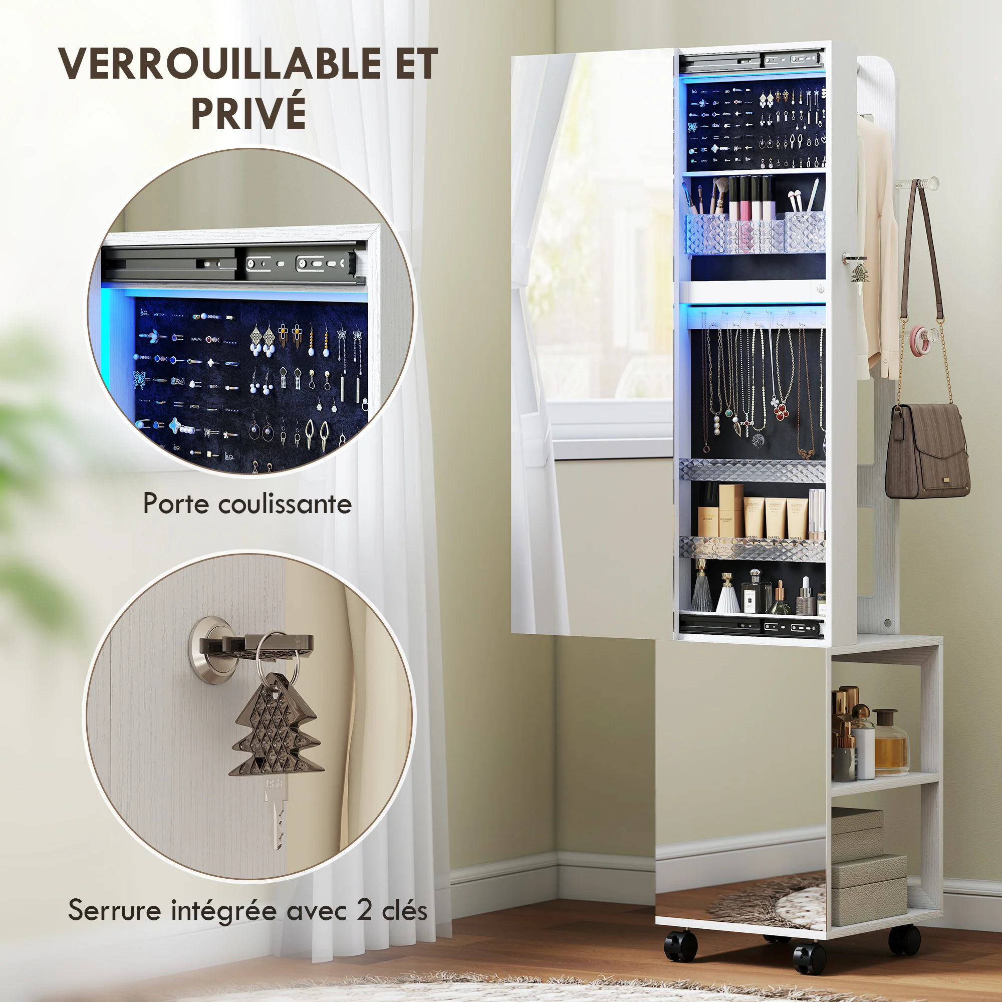 Armoire à bijoux armoire avec miroir sur pied pivotante à 360° organisateur de bijoux verrouillable avec éclairage LED, rangement pour chambre et dressing, cadre blanc, doublure noire - Image 10