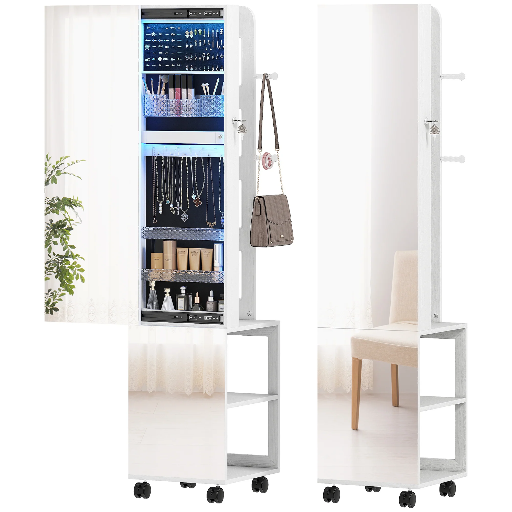 Armoire à bijoux armoire avec miroir sur pied pivotante à 360° organisateur de bijoux verrouillable avec éclairage LED, rangement pour chambre et dressing, cadre blanc, doublure noire - Image 11