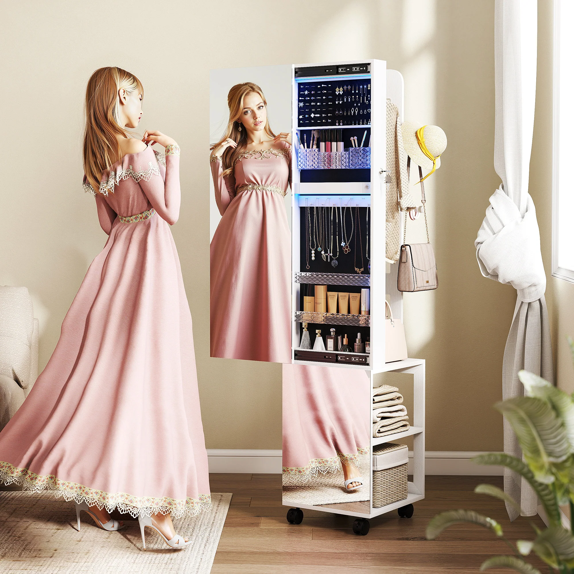Armoire à bijoux armoire avec miroir sur pied pivotante à 360° organisateur de bijoux verrouillable avec éclairage LED, rangement pour chambre et dressing, cadre blanc, doublure noire - Image 3
