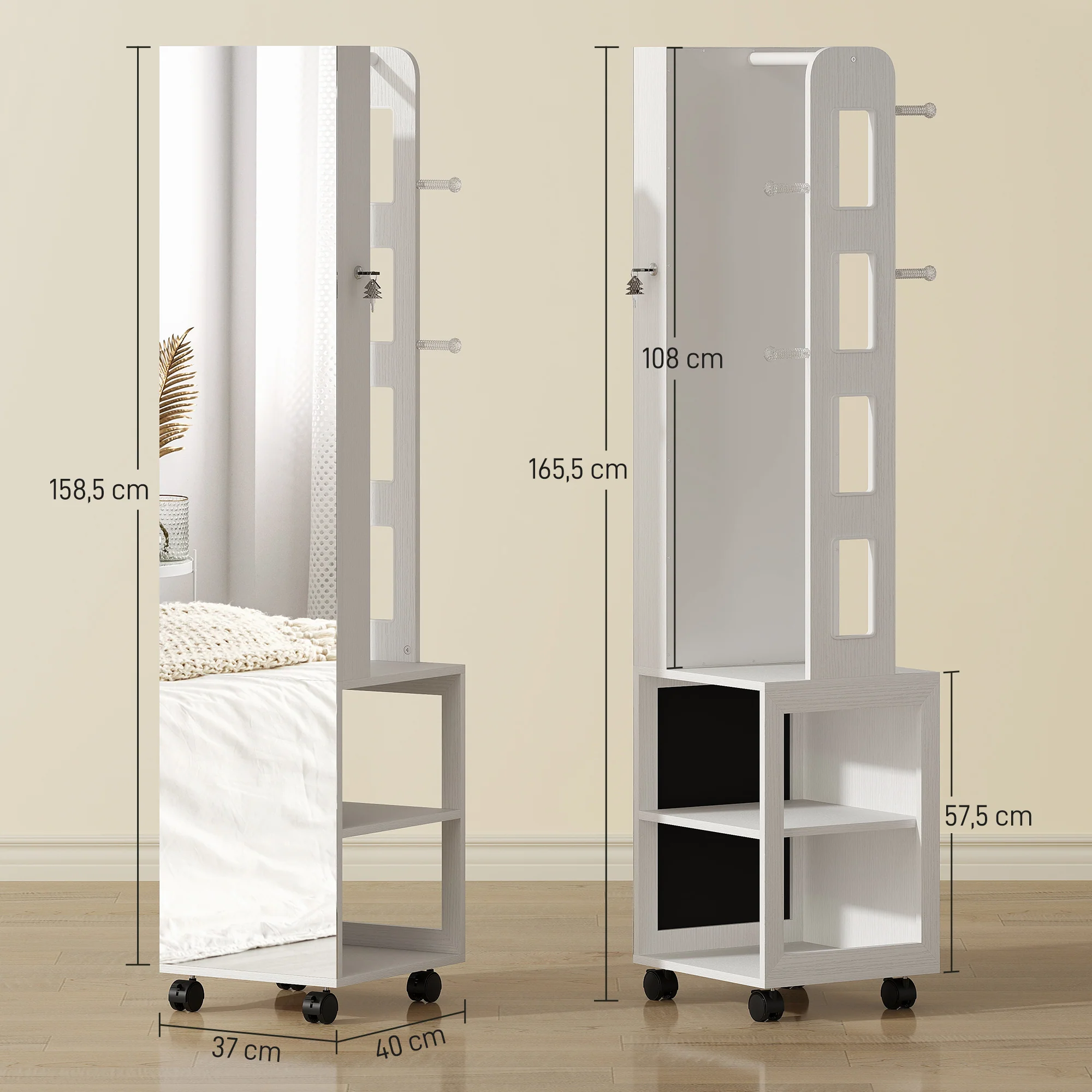 Armoire à bijoux armoire avec miroir sur pied pivotante à 360° organisateur de bijoux verrouillable avec éclairage LED, rangement pour chambre et dressing, cadre blanc, doublure noire - Image 4