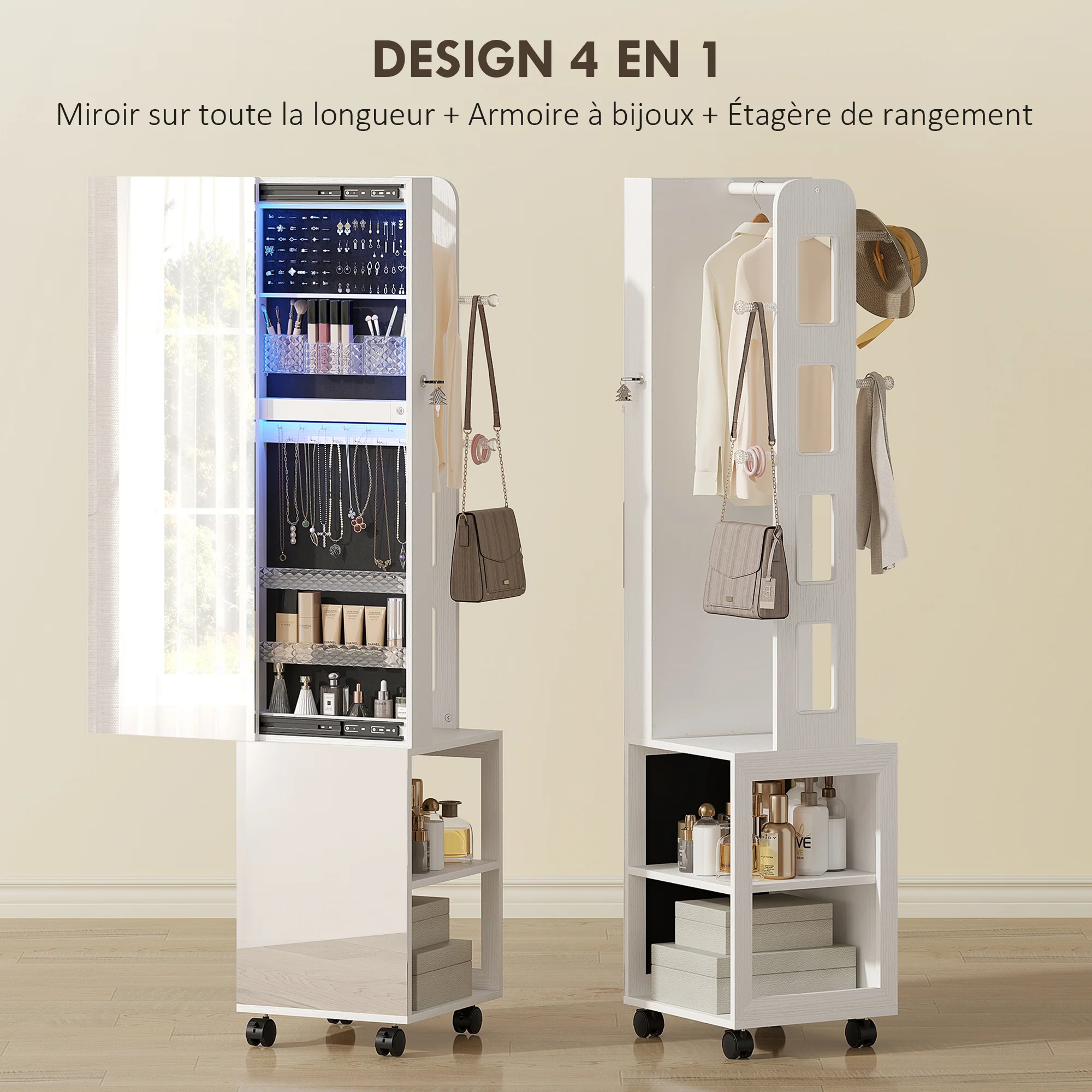 Armoire à bijoux armoire avec miroir sur pied pivotante à 360° organisateur de bijoux verrouillable avec éclairage LED, rangement pour chambre et dressing, cadre blanc, doublure noire - Image 5