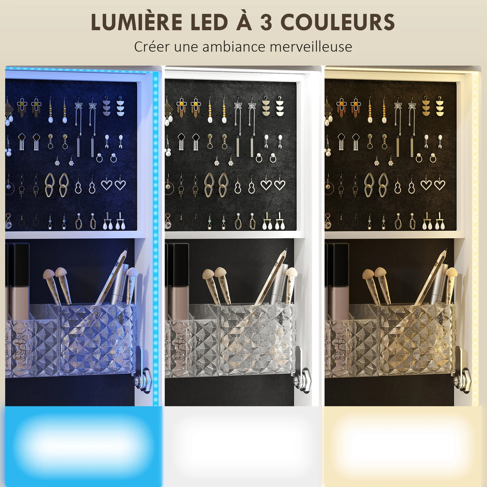 Armoire à bijoux armoire avec miroir sur pied pivotante à 360° organisateur de bijoux verrouillable avec éclairage LED, rangement pour chambre et dressing, cadre blanc, doublure noire - Image 6