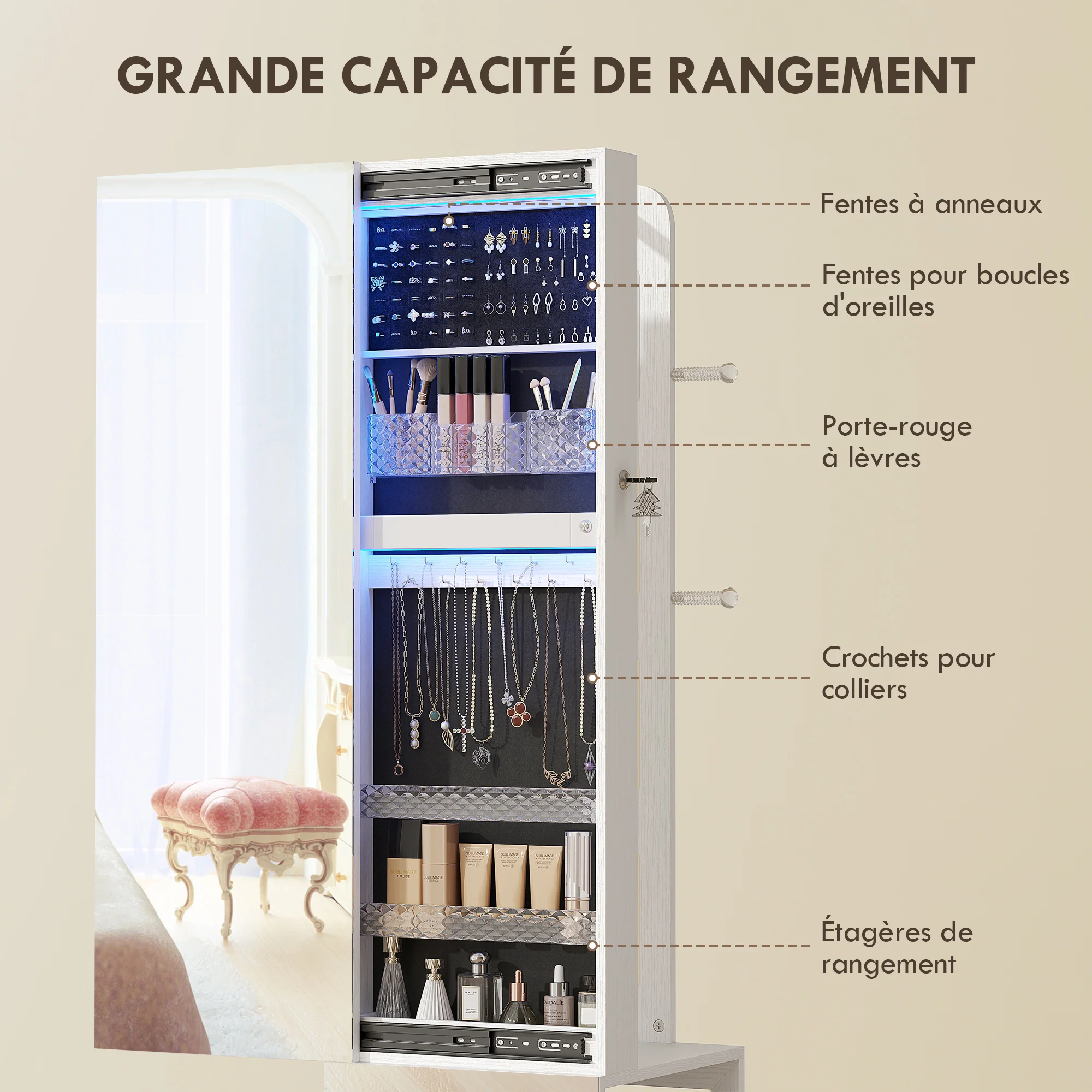 Armoire à bijoux armoire avec miroir sur pied pivotante à 360° organisateur de bijoux verrouillable avec éclairage LED, rangement pour chambre et dressing, cadre blanc, doublure noire - Image 7
