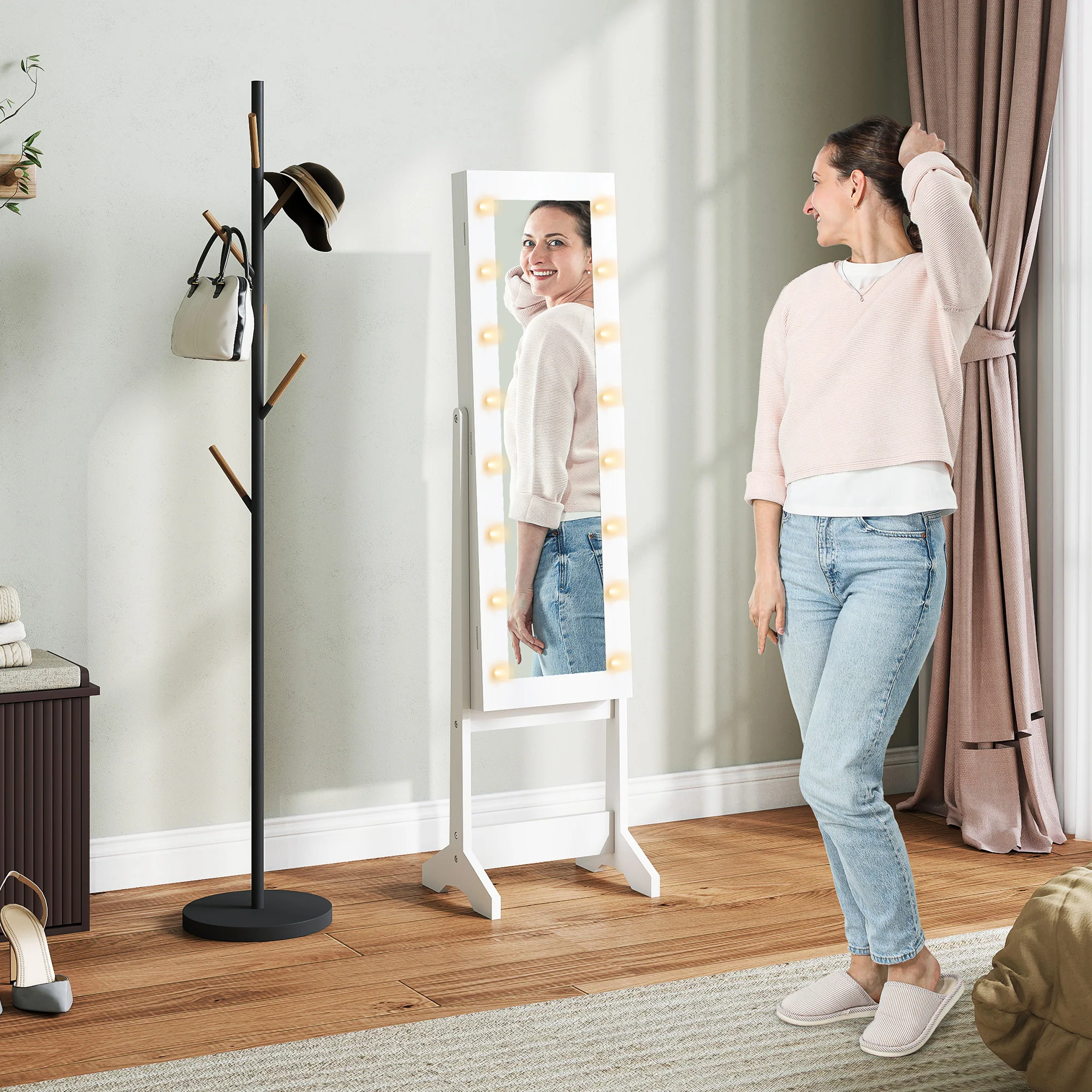 Armoire à bijoux armoire de rangement sur pieds bo?te à bijoux avec miroir multi-rangements éclairage LED blanc - Image 3