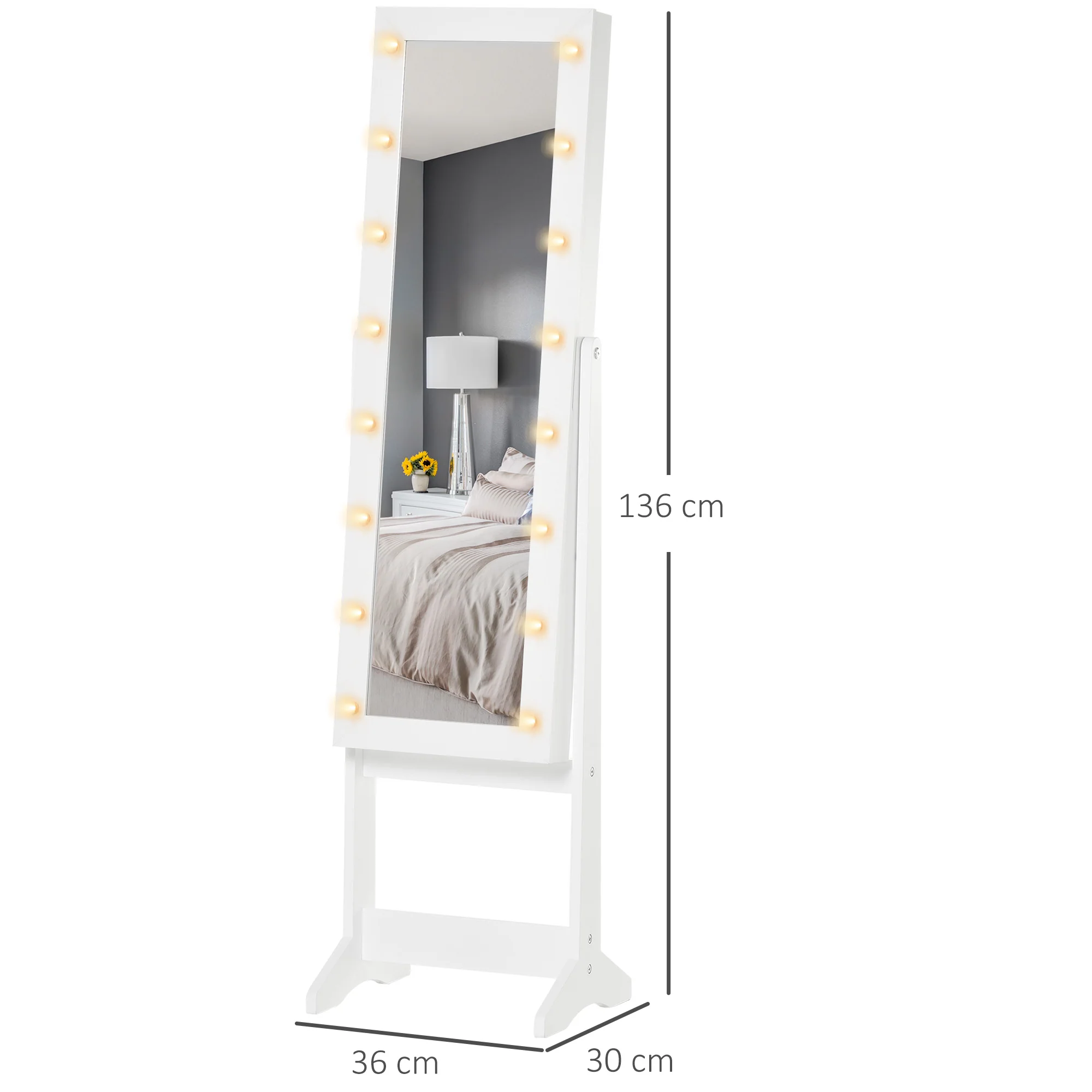 Armoire à bijoux armoire de rangement sur pieds bo?te à bijoux avec miroir multi-rangements éclairage LED blanc - Image 4