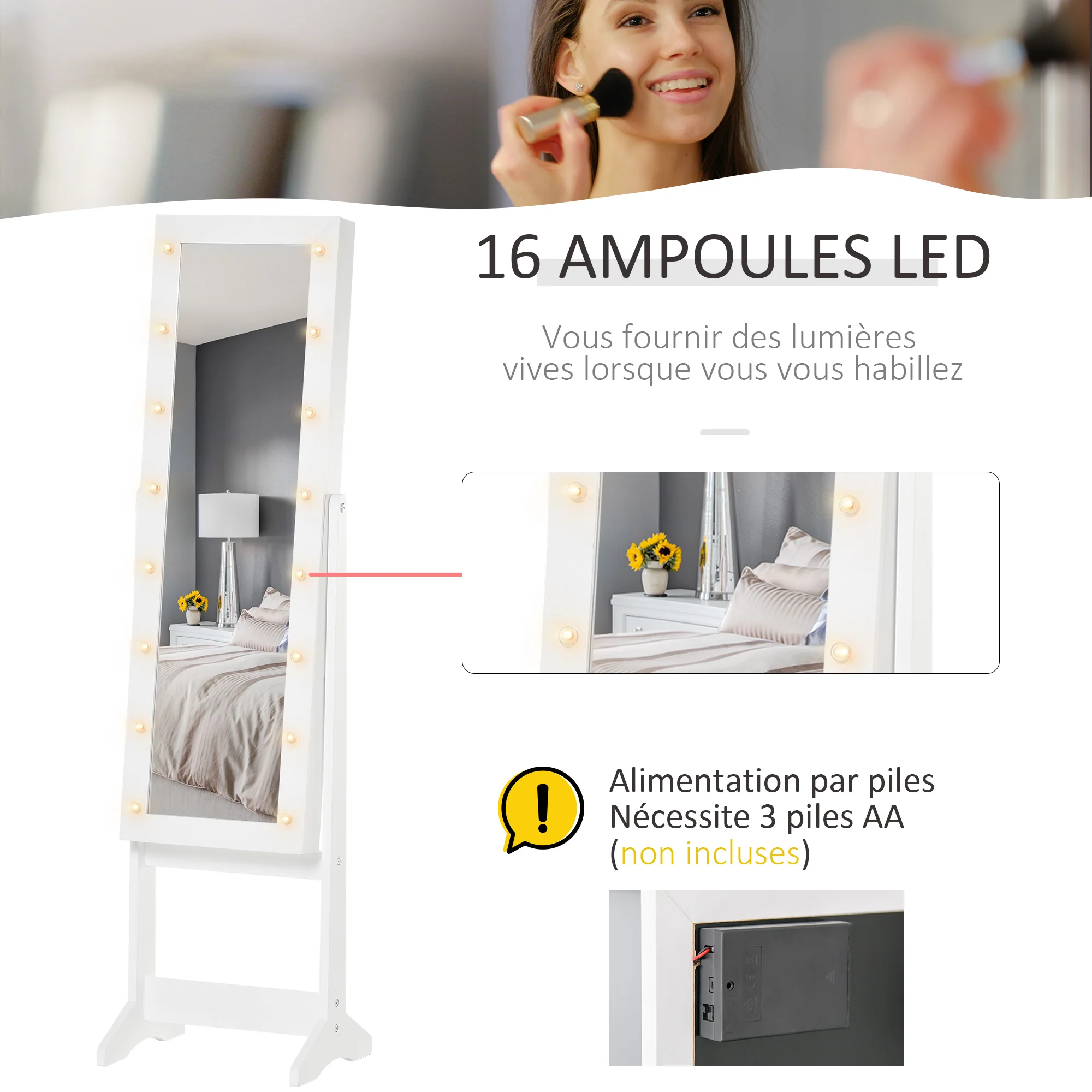 Armoire à bijoux armoire de rangement sur pieds bo?te à bijoux avec miroir multi-rangements éclairage LED blanc - Image 6