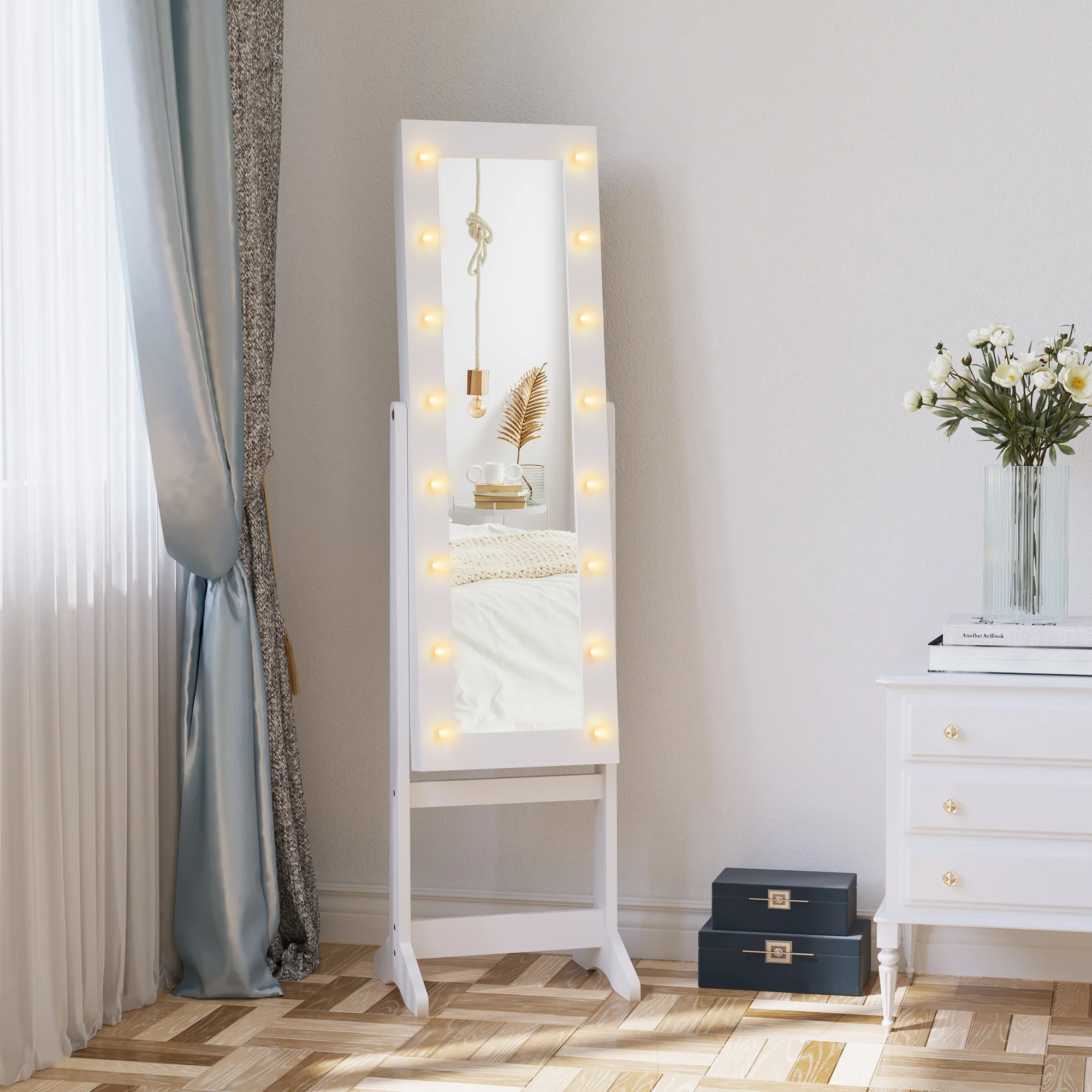 Armoire à bijoux armoire de rangement sur pieds bo?te à bijoux avec miroir multi-rangements éclairage LED blanc - Image 9