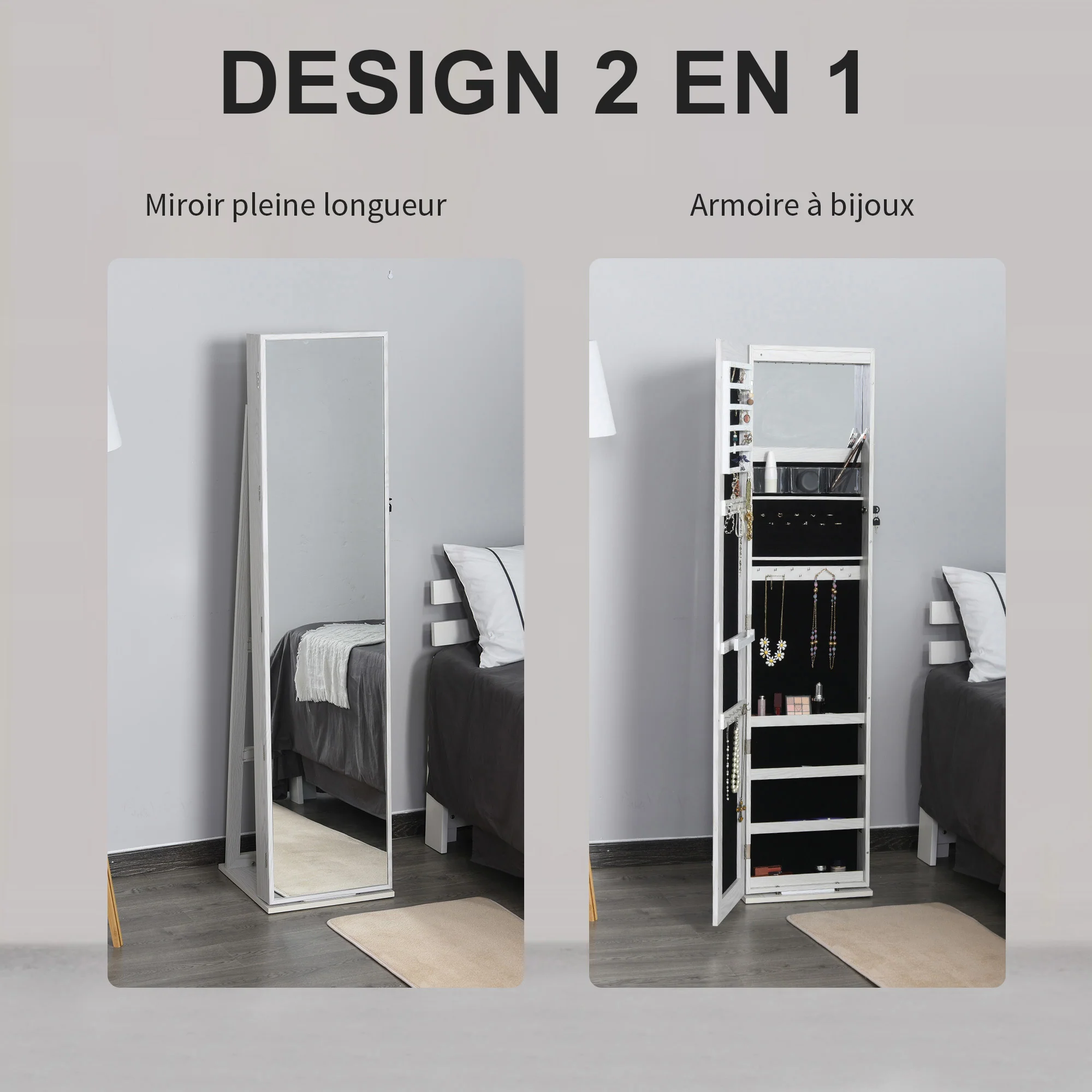 Armoire à Bijoux avec Miroir sur Pied Multi-rangements éclairage LED Blanc dim. 38L x 38l x H157 cm - Image 5