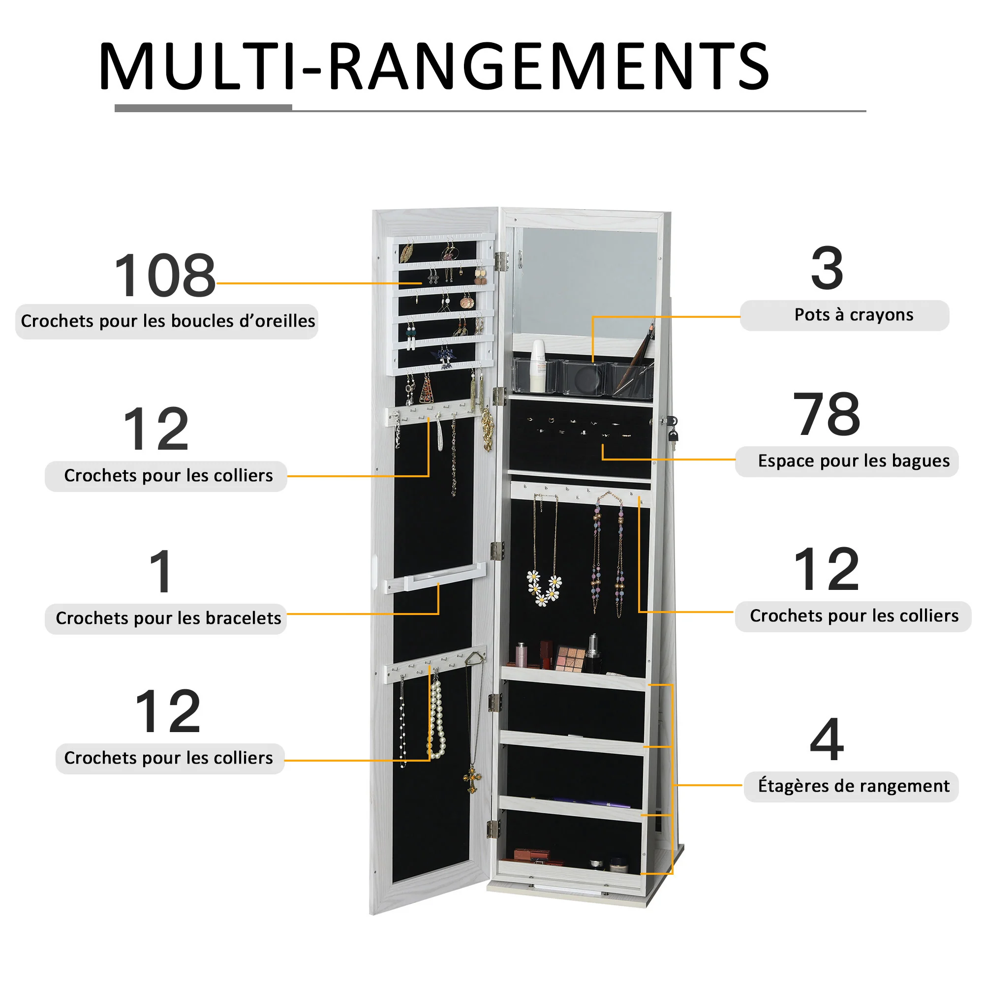Armoire à Bijoux avec Miroir sur Pied Multi-rangements éclairage LED Blanc dim. 38L x 38l x H157 cm - Image 7