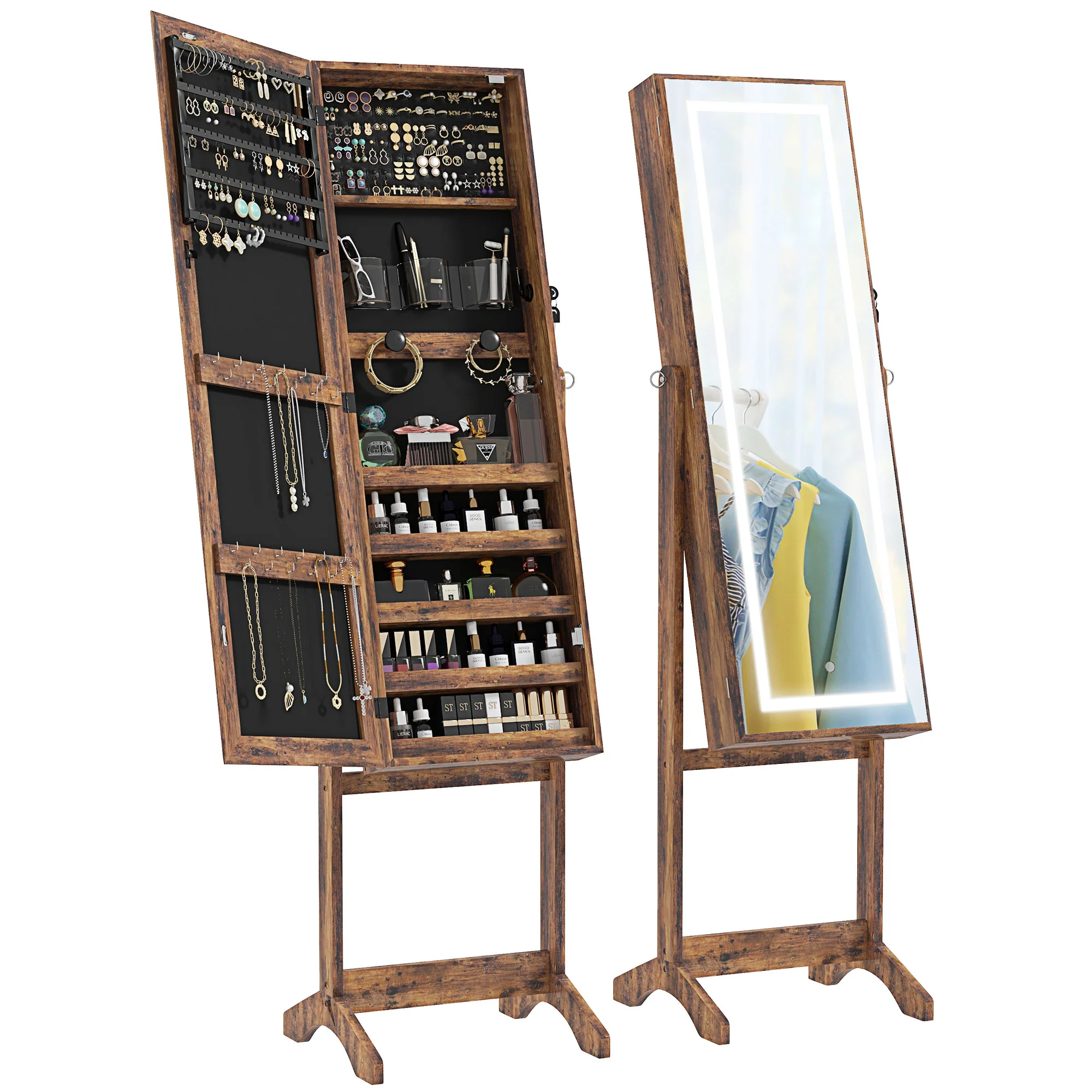 Armoire à bijoux LED avec miroir sur pied range bijoux avec éclairage à écran tactile marron