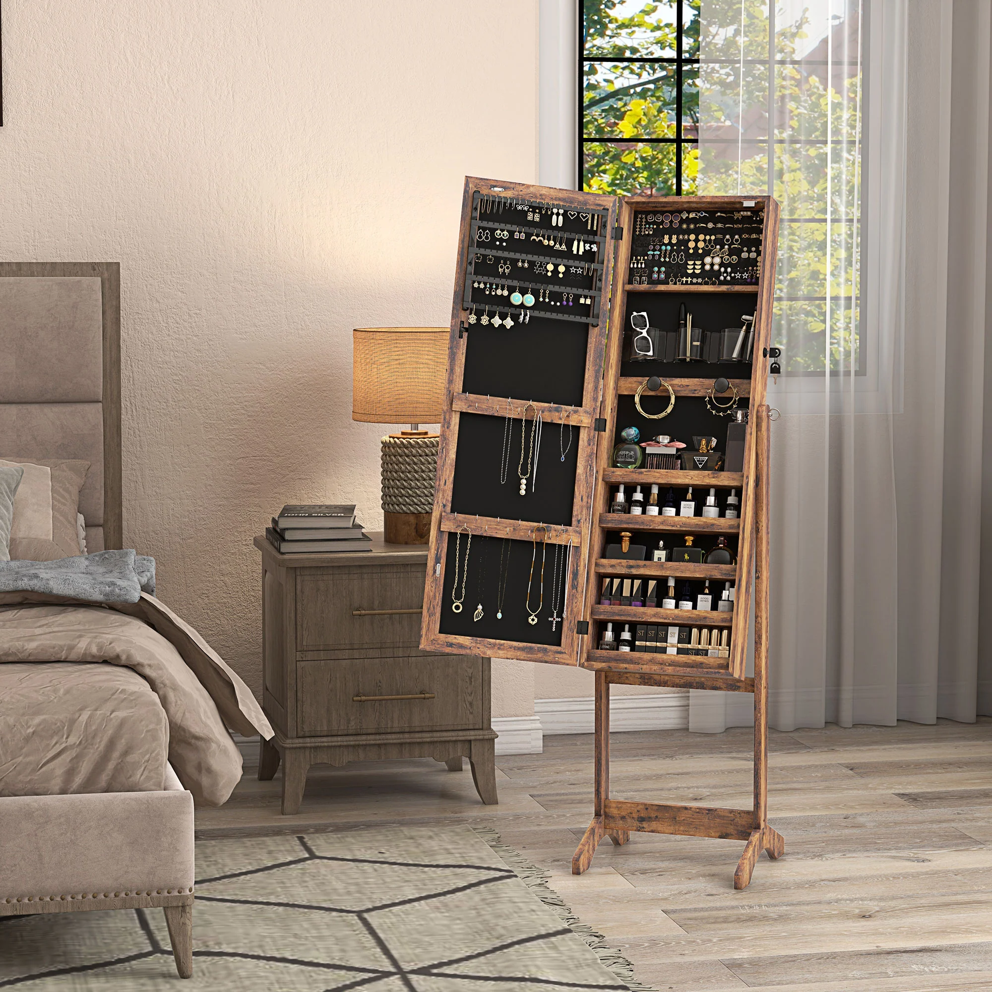 Armoire à bijoux LED avec miroir sur pied range bijoux avec éclairage à écran tactile marron - Image 10