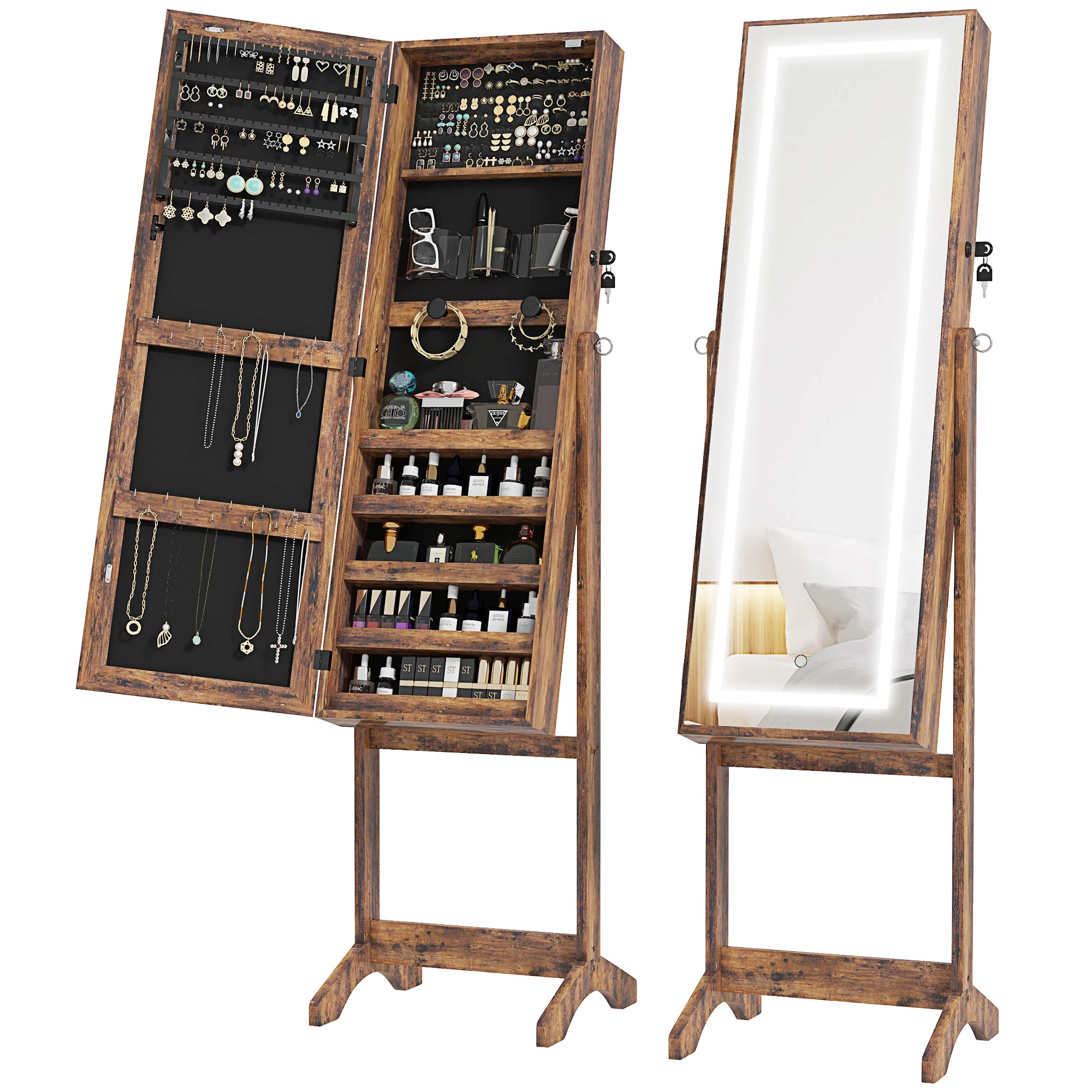 Armoire à bijoux LED avec miroir sur pied range bijoux avec éclairage à écran tactile marron - Image 11