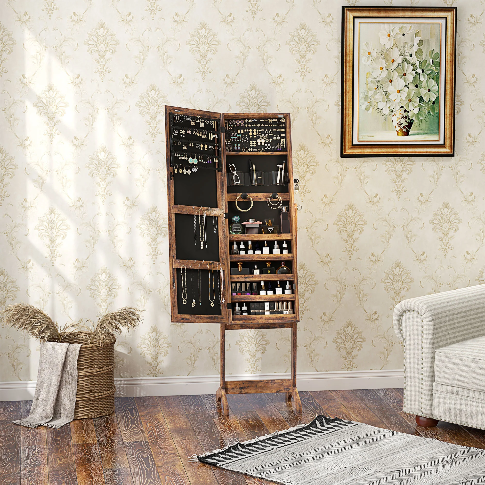 Armoire à bijoux LED avec miroir sur pied range bijoux avec éclairage à écran tactile marron - Image 9