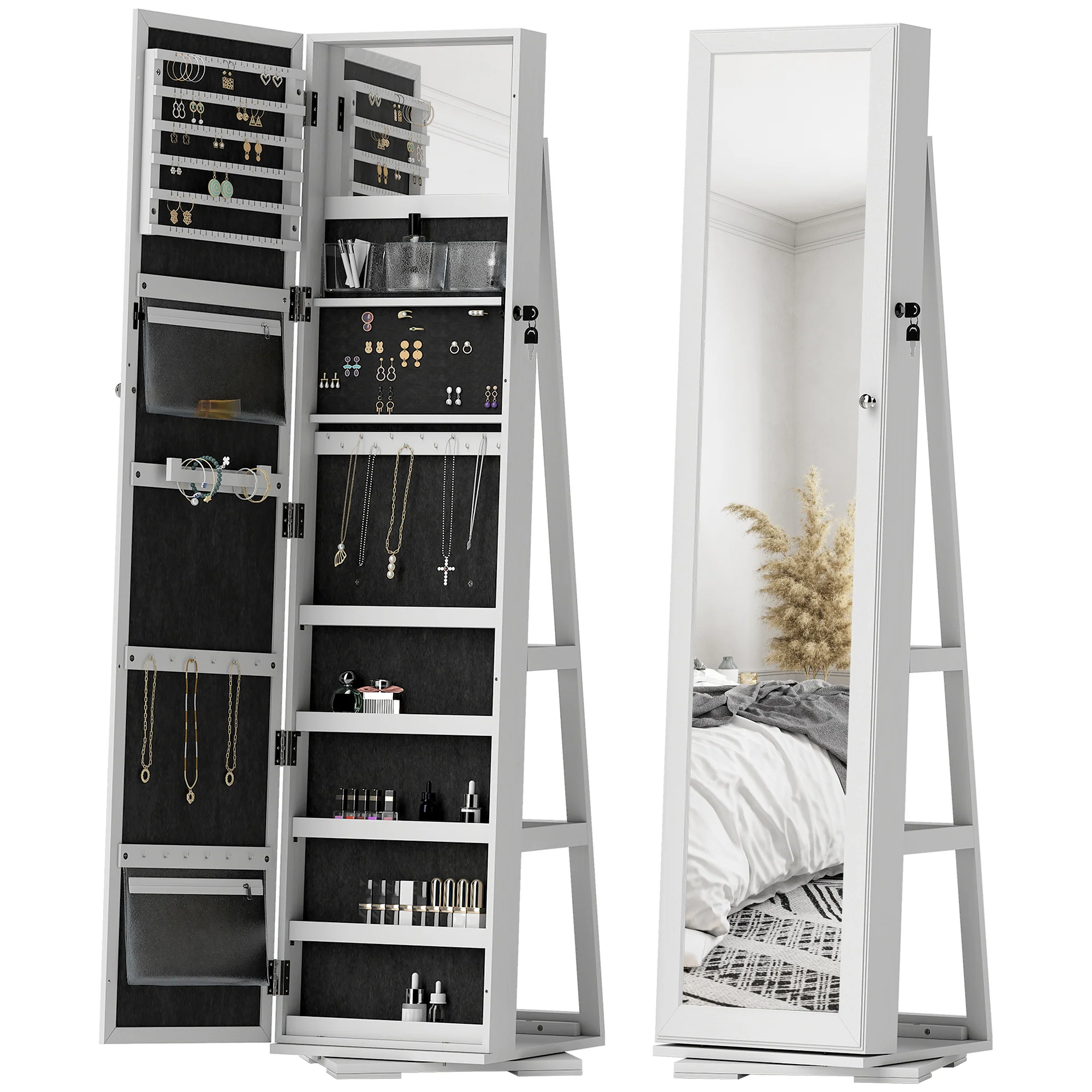 Armoire à Bijoux pivotante verrouillable bo?te à bijoux avec Miroir - Armoire Bijoux Multi-Rangement - en Bois Blanc - Image 11