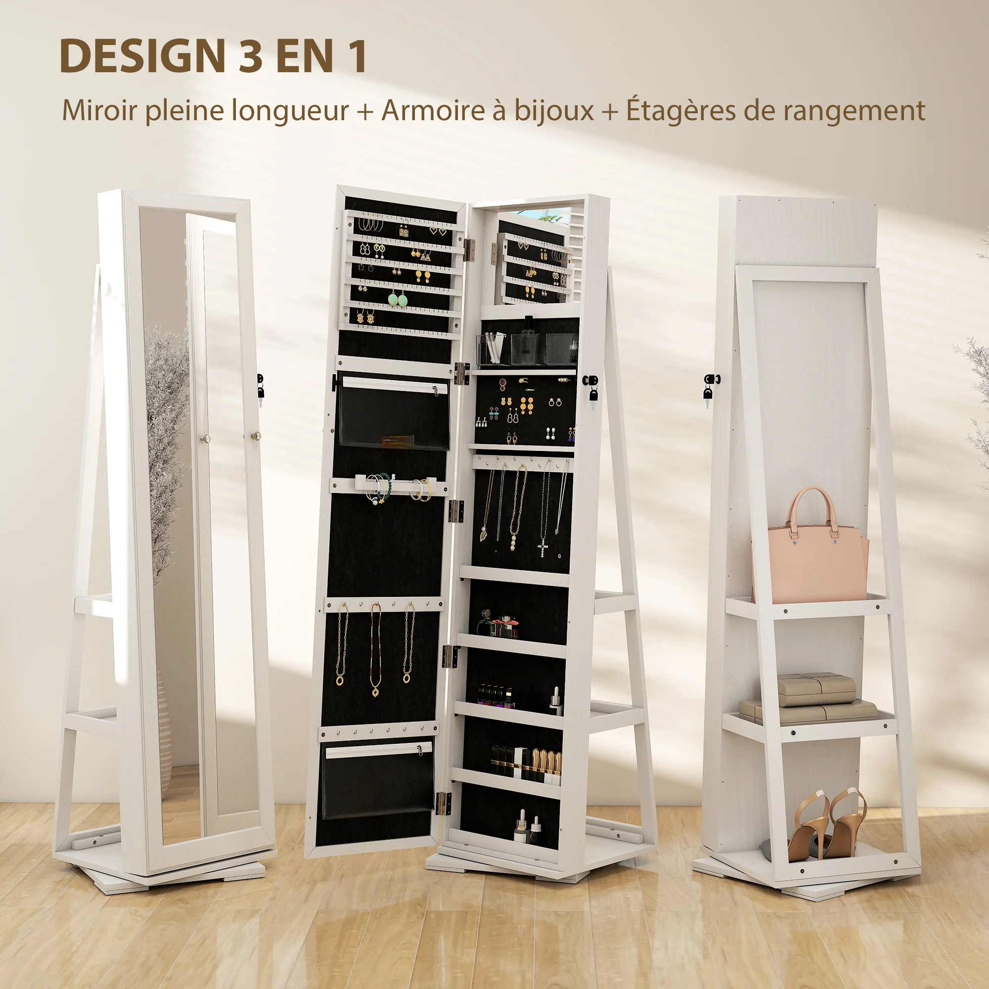 Armoire à Bijoux pivotante verrouillable bo?te à bijoux avec Miroir - Armoire Bijoux Multi-Rangement - en Bois Blanc - Image 5
