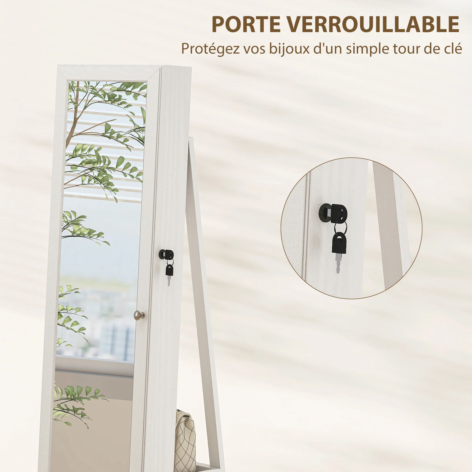 Armoire à Bijoux pivotante verrouillable bo?te à bijoux avec Miroir - Armoire Bijoux Multi-Rangement - en Bois Blanc - Image 8