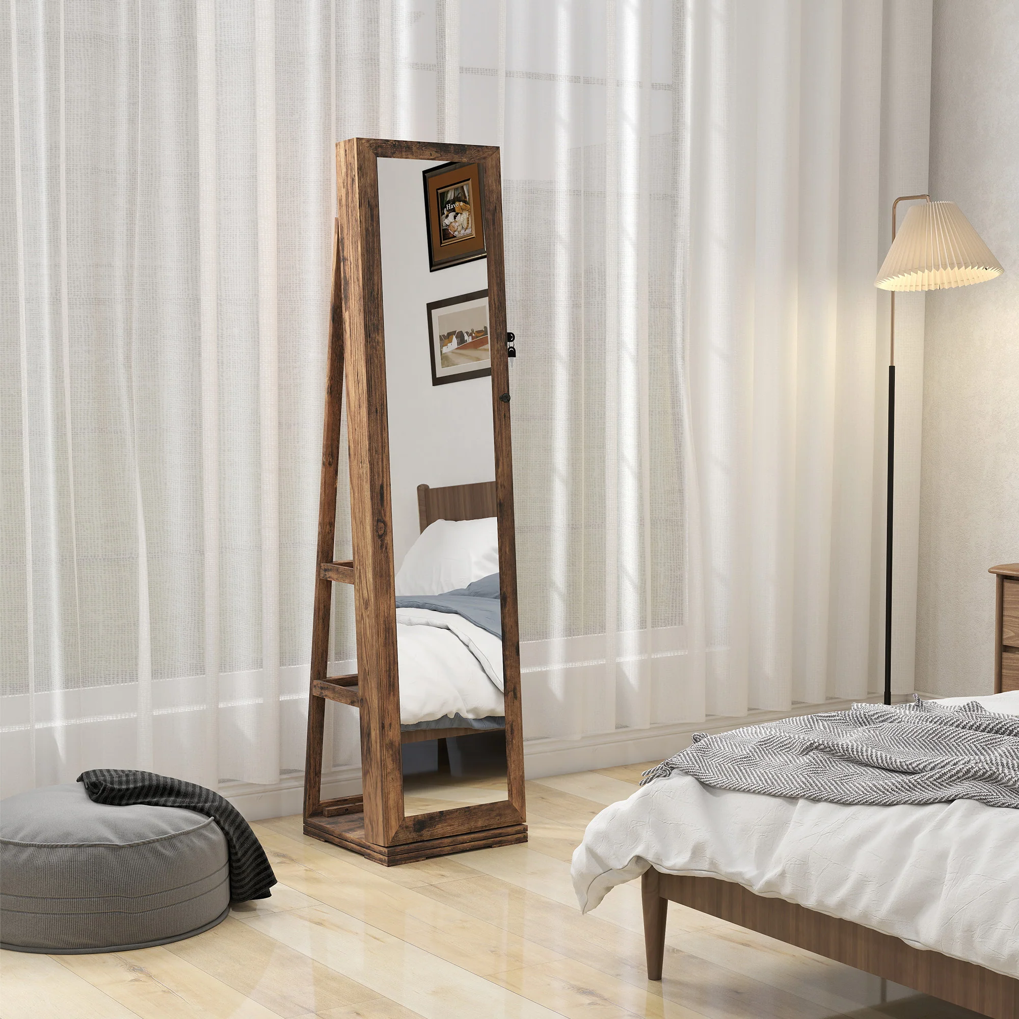 Armoire à Bijoux pivotante verrouillable bo?te à bijoux avec Miroir - Armoire Bijoux Multi-Rangement - en Bois Brun Rustique - Image 10