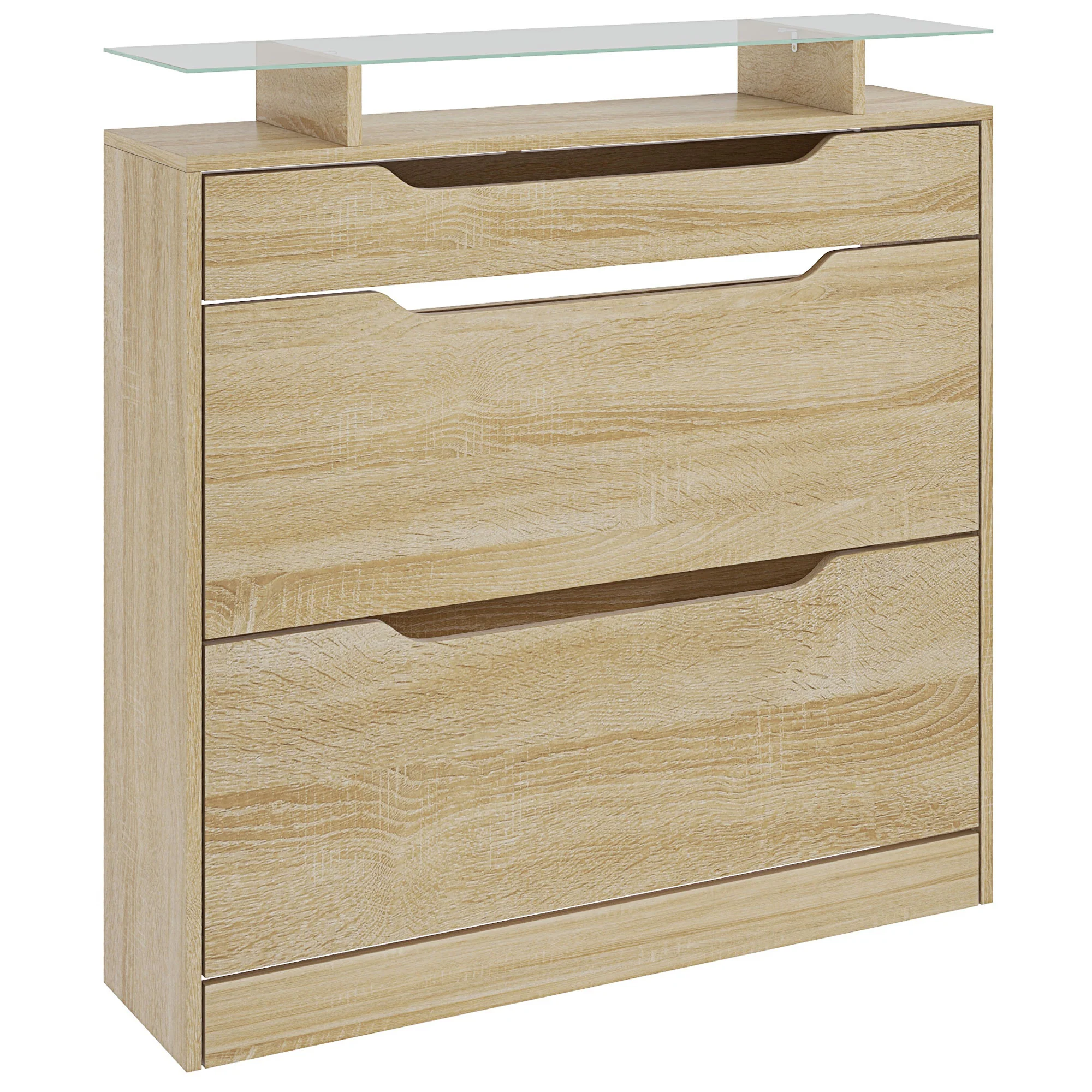 Armoire à Chaussures avec 2 tiroirs rabattables + 1 tiroir Coulissant + 1 comptoir et 1 Plateau en Verre étagère réglable sur 2 Niveaux 89 x 23 x 96 cm chêne - Image 11