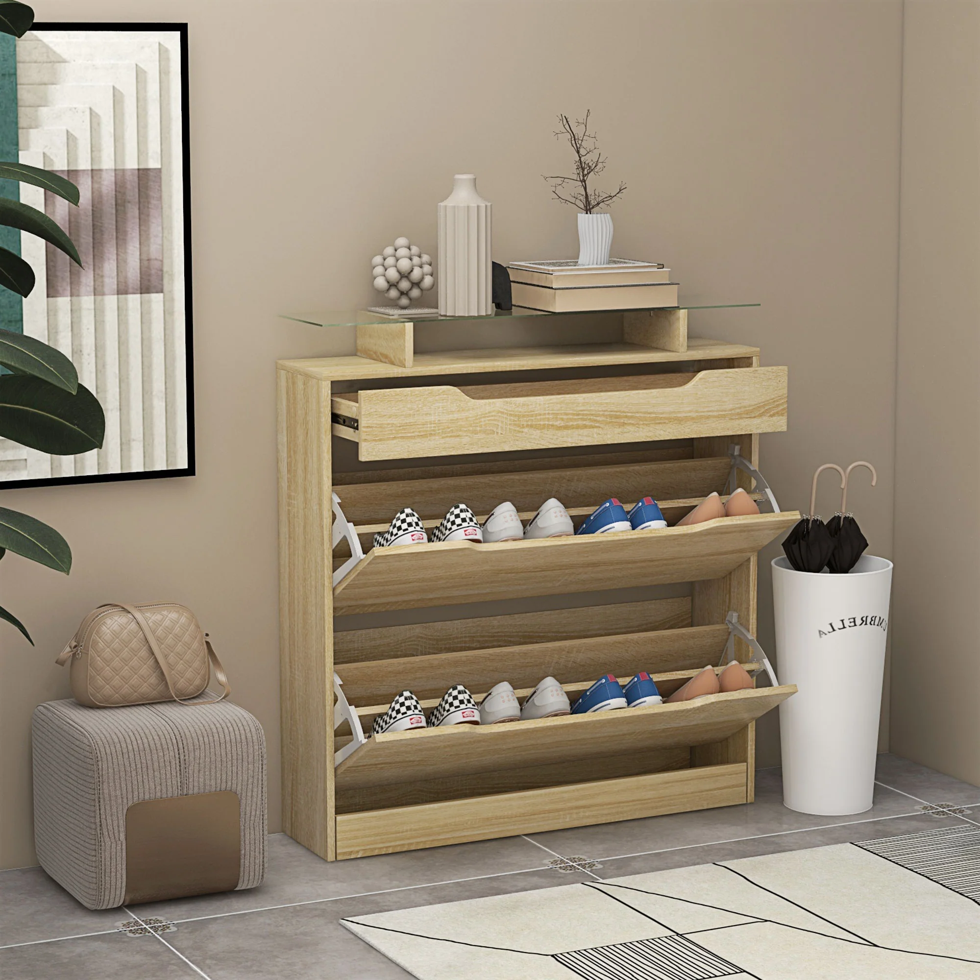 Armoire à Chaussures avec 2 tiroirs rabattables + 1 tiroir Coulissant + 1 comptoir et 1 Plateau en Verre étagère réglable sur 2 Niveaux 89 x 23 x 96 cm chêne - Image 3