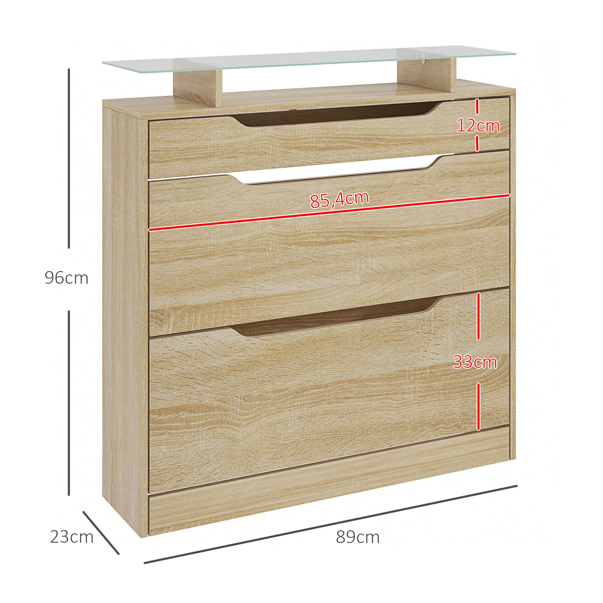 Armoire à Chaussures avec 2 tiroirs rabattables + 1 tiroir Coulissant + 1 comptoir et 1 Plateau en Verre étagère réglable sur 2 Niveaux 89 x 23 x 96 cm chêne - Image 4