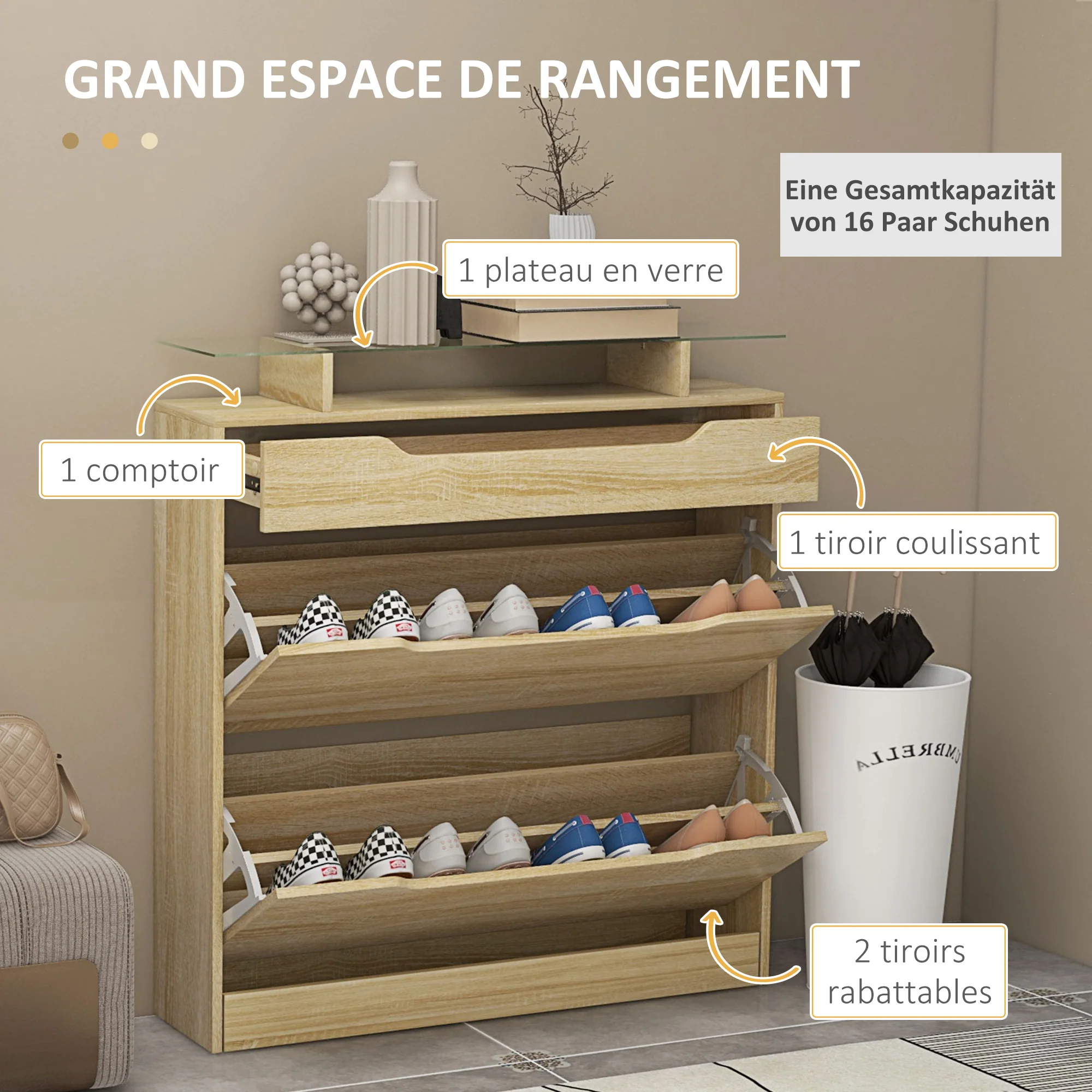 Armoire à Chaussures avec 2 tiroirs rabattables + 1 tiroir Coulissant + 1 comptoir et 1 Plateau en Verre étagère réglable sur 2 Niveaux 89 x 23 x 96 cm chêne - Image 5