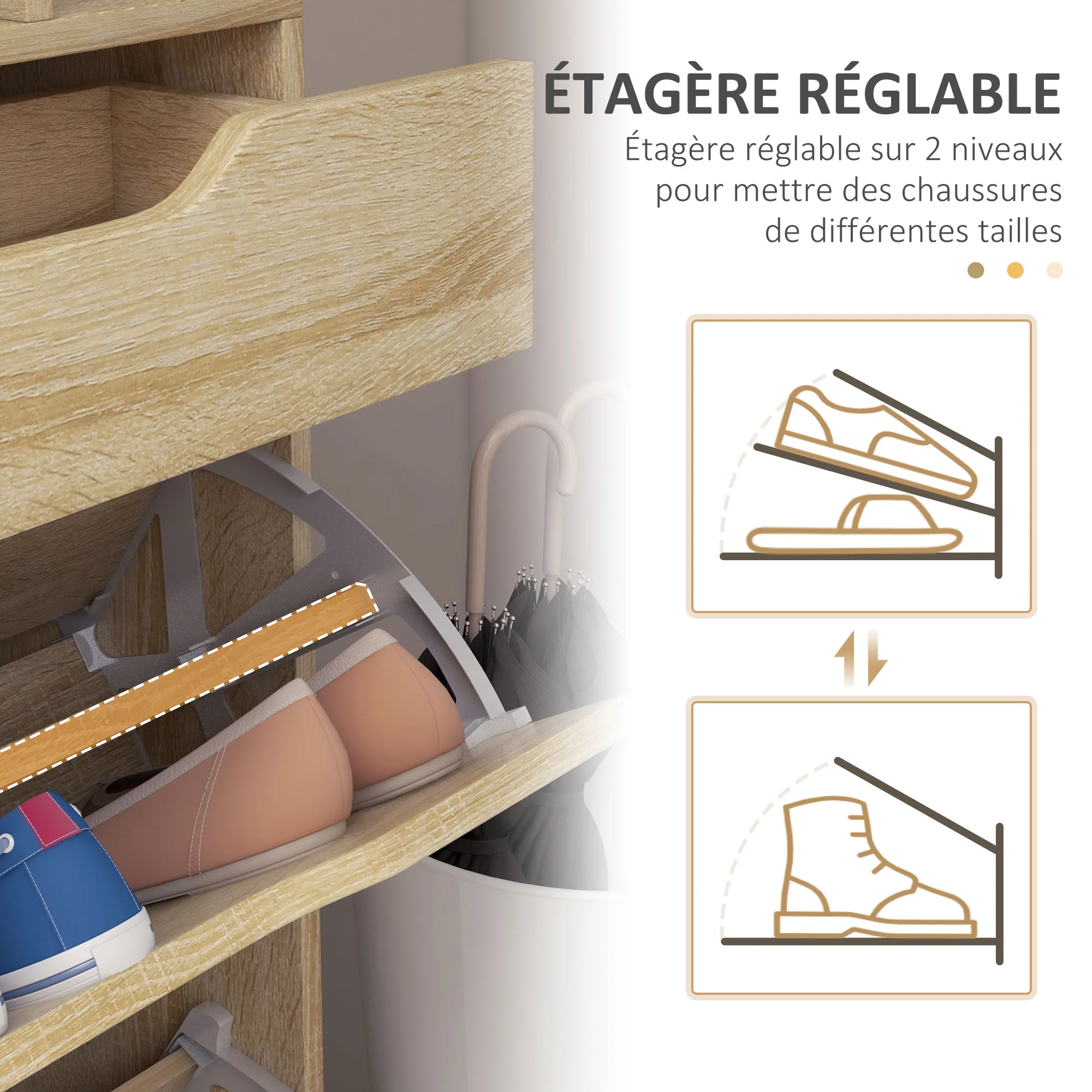 Armoire à Chaussures avec 2 tiroirs rabattables + 1 tiroir Coulissant + 1 comptoir et 1 Plateau en Verre étagère réglable sur 2 Niveaux 89 x 23 x 96 cm chêne - Image 6