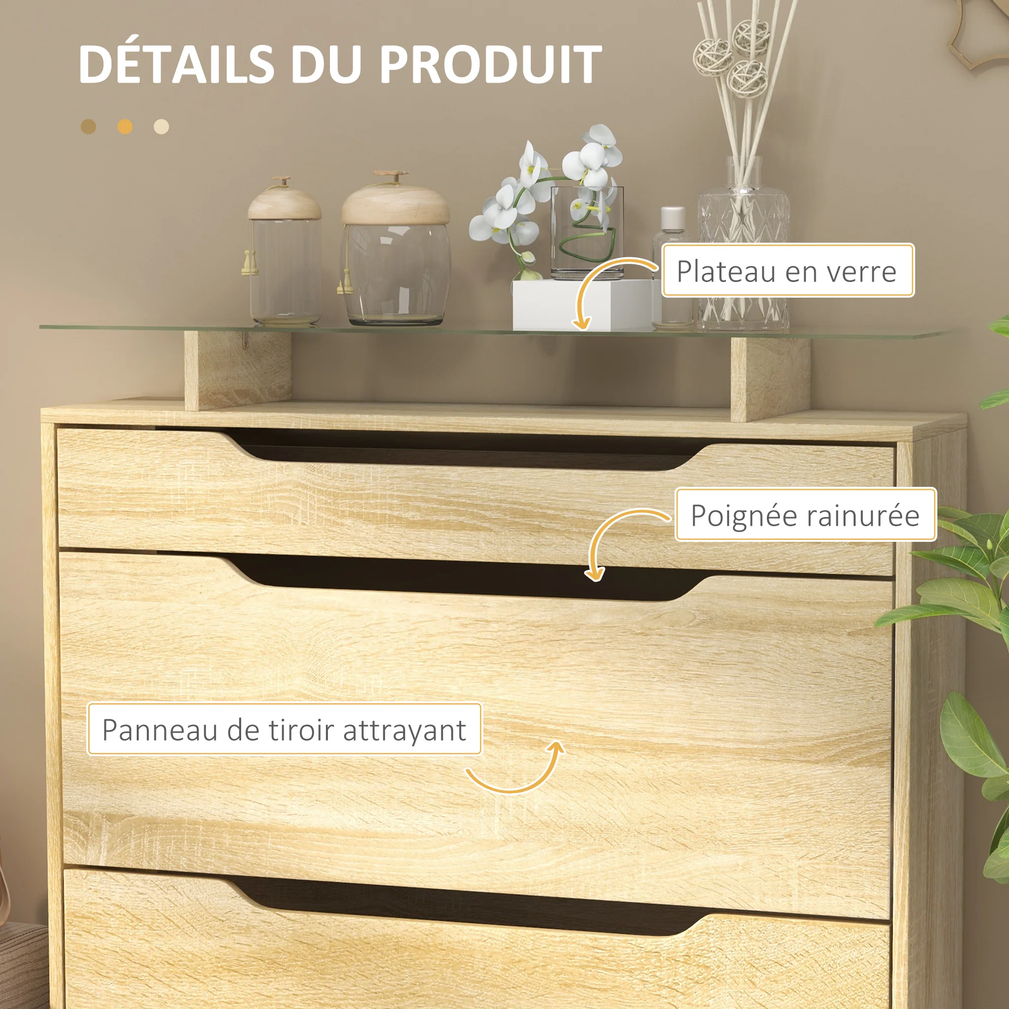 Armoire à Chaussures avec 2 tiroirs rabattables + 1 tiroir Coulissant + 1 comptoir et 1 Plateau en Verre étagère réglable sur 2 Niveaux 89 x 23 x 96 cm chêne - Image 7