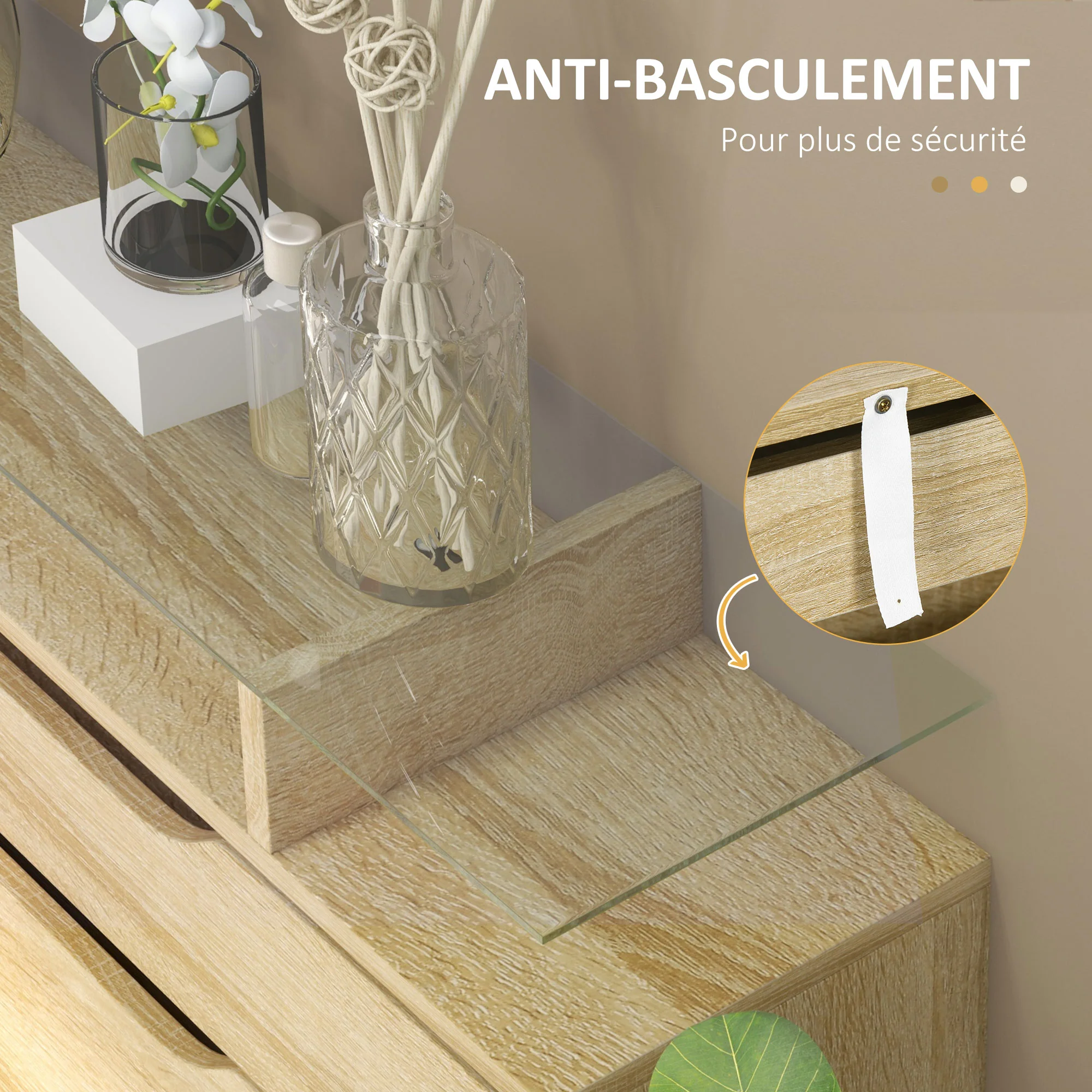 Armoire à Chaussures avec 2 tiroirs rabattables + 1 tiroir Coulissant + 1 comptoir et 1 Plateau en Verre étagère réglable sur 2 Niveaux 89 x 23 x 96 cm chêne - Image 8
