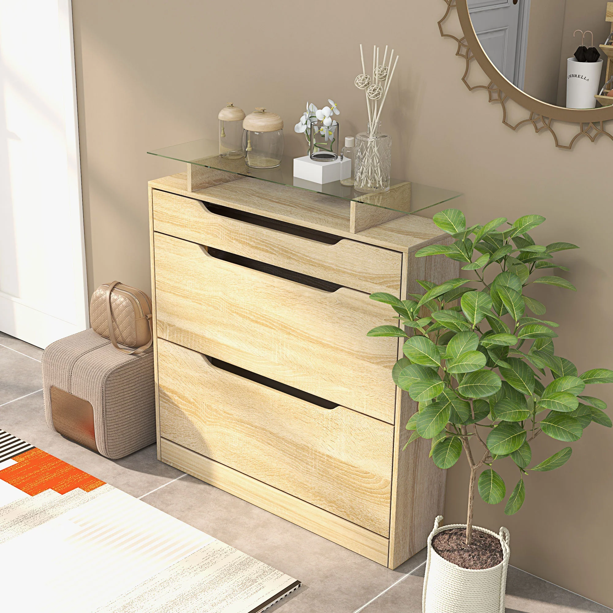 Armoire à Chaussures avec 2 tiroirs rabattables + 1 tiroir Coulissant + 1 comptoir et 1 Plateau en Verre étagère réglable sur 2 Niveaux 89 x 23 x 96 cm chêne - Image 9