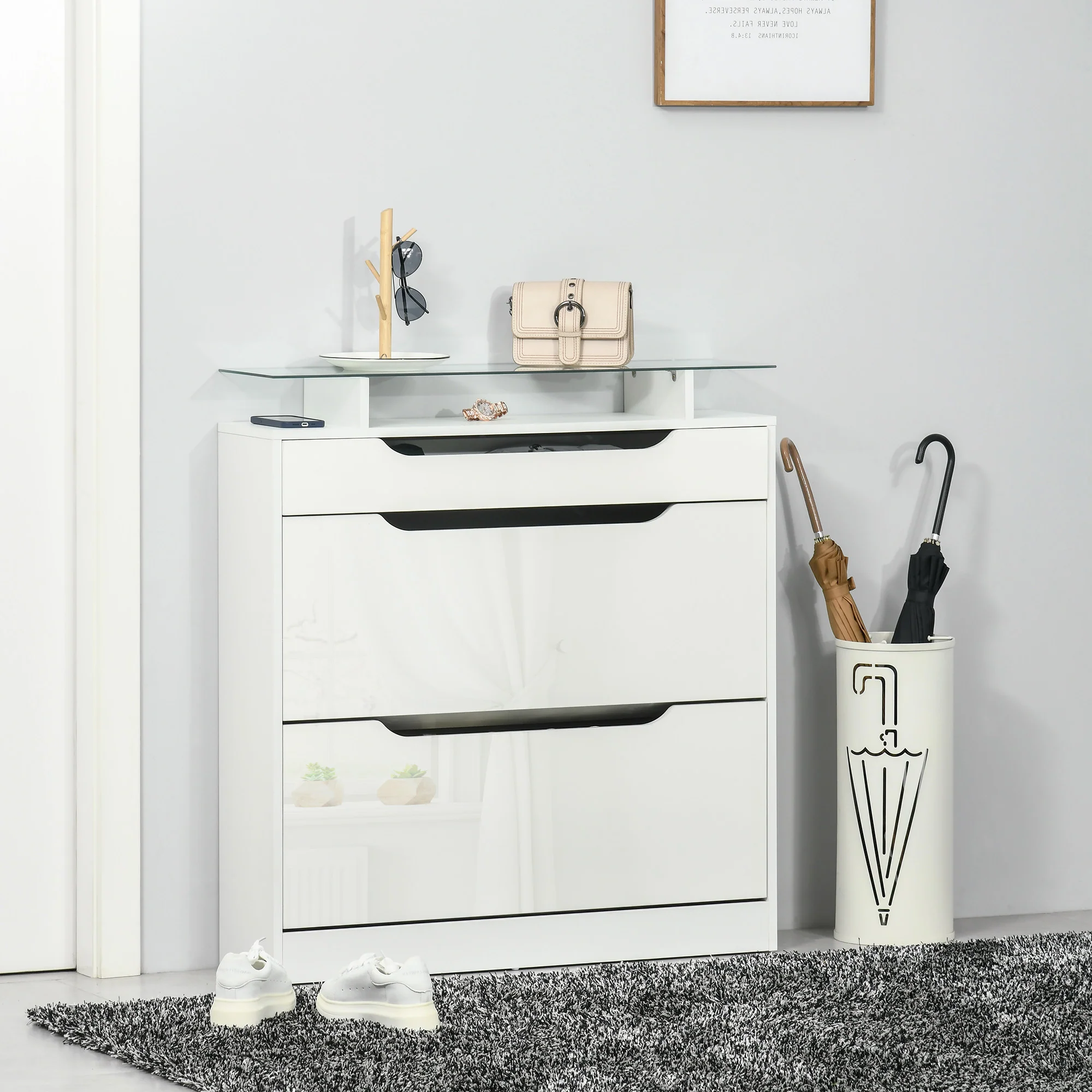 Armoire à Chaussures avec 2 tiroirs rabattables + 1 tiroir Coulissant + 1 comptoir et 1 Plateau en Verre étagère réglable sur 2 Niveaux 89 x 23 x 96 cm blanc - Image 3
