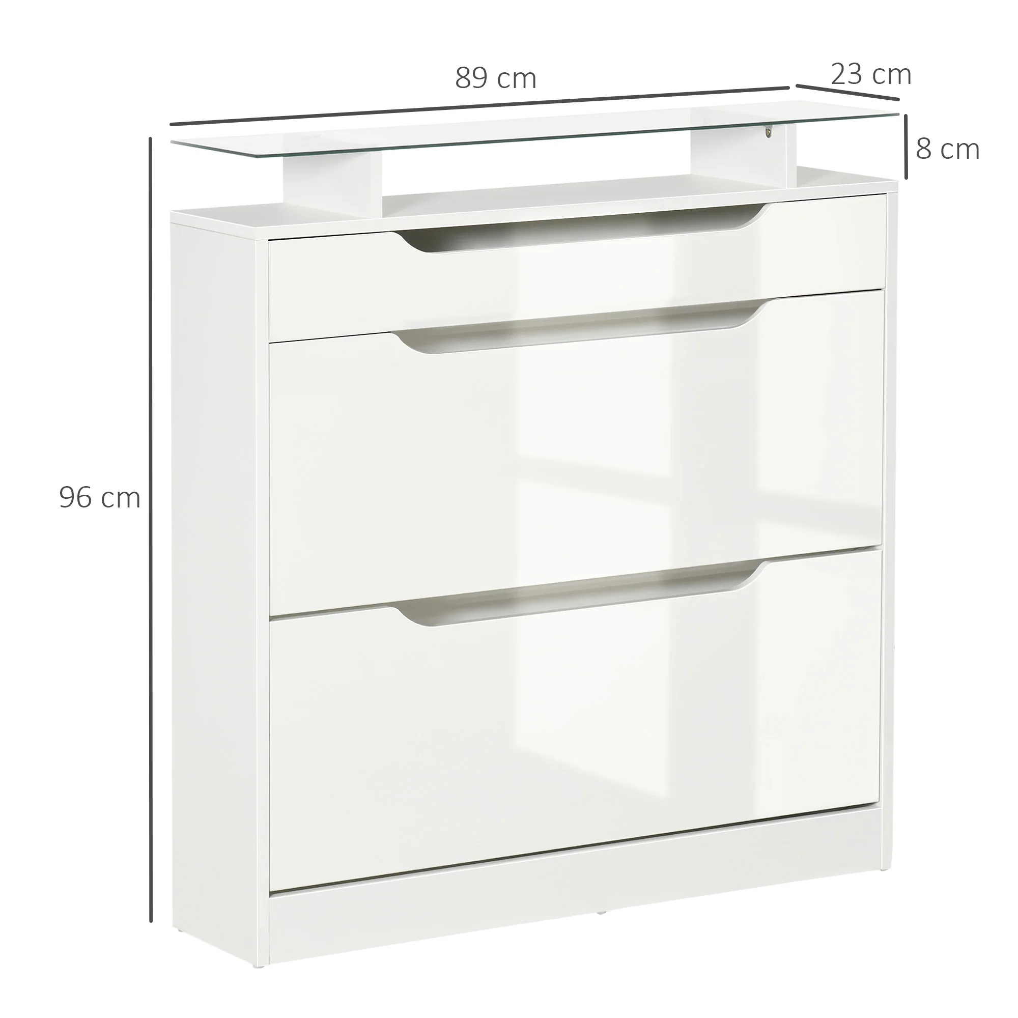 Armoire à Chaussures avec 2 tiroirs rabattables + 1 tiroir Coulissant + 1 comptoir et 1 Plateau en Verre étagère réglable sur 2 Niveaux 89 x 23 x 96 cm blanc - Image 4
