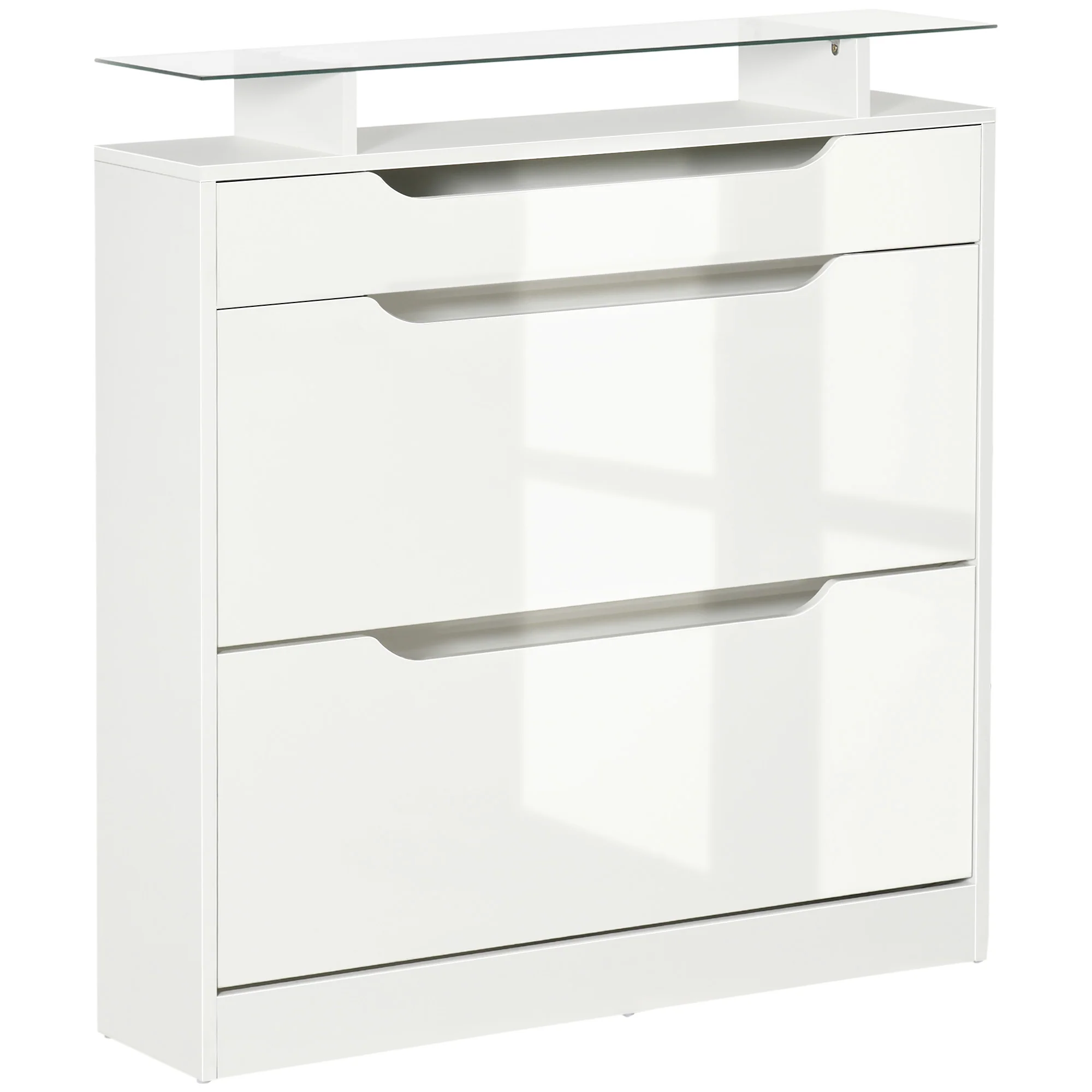 Armoire à Chaussures avec 2 tiroirs rabattables + 1 tiroir Coulissant + 1 comptoir et 1 Plateau en Verre étagère réglable sur 2 Niveaux 89 x 23 x 96 cm blanc - Image 7