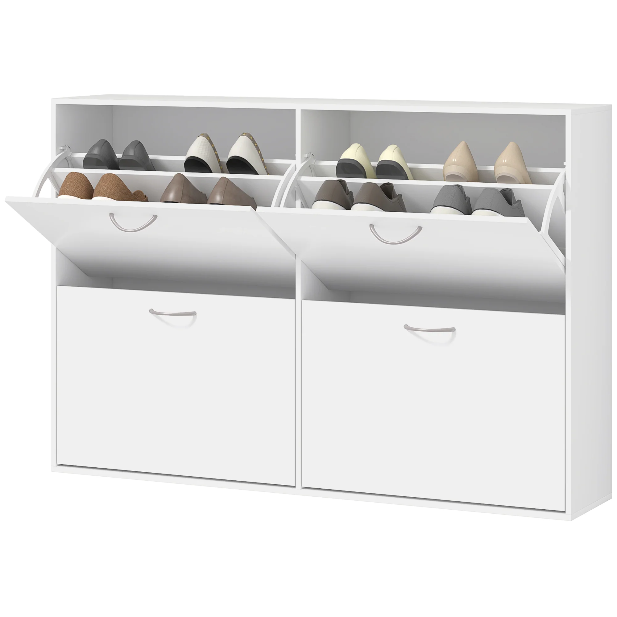 Armoire à Chaussures Meuble à Chaussures Grande Taille dim. 120L x 24l x 81H cm 4 Portes abattantes Double Niveau en Bois Blanc