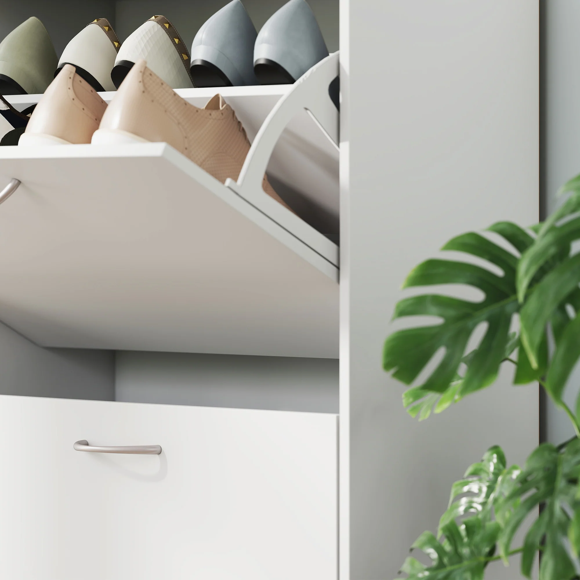 Armoire à Chaussures Meuble à Chaussures Grande Taille dim. 120L x 24l x 81H cm 4 Portes abattantes Double Niveau en Bois Blanc - Image 10