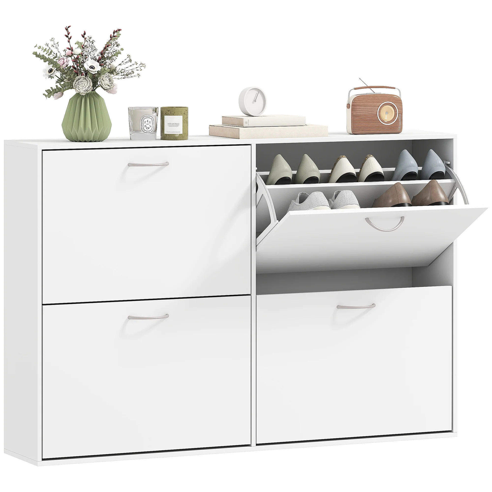 Armoire à Chaussures Meuble à Chaussures Grande Taille dim. 120L x 24l x 81H cm 4 Portes abattantes Double Niveau en Bois Blanc - Image 11