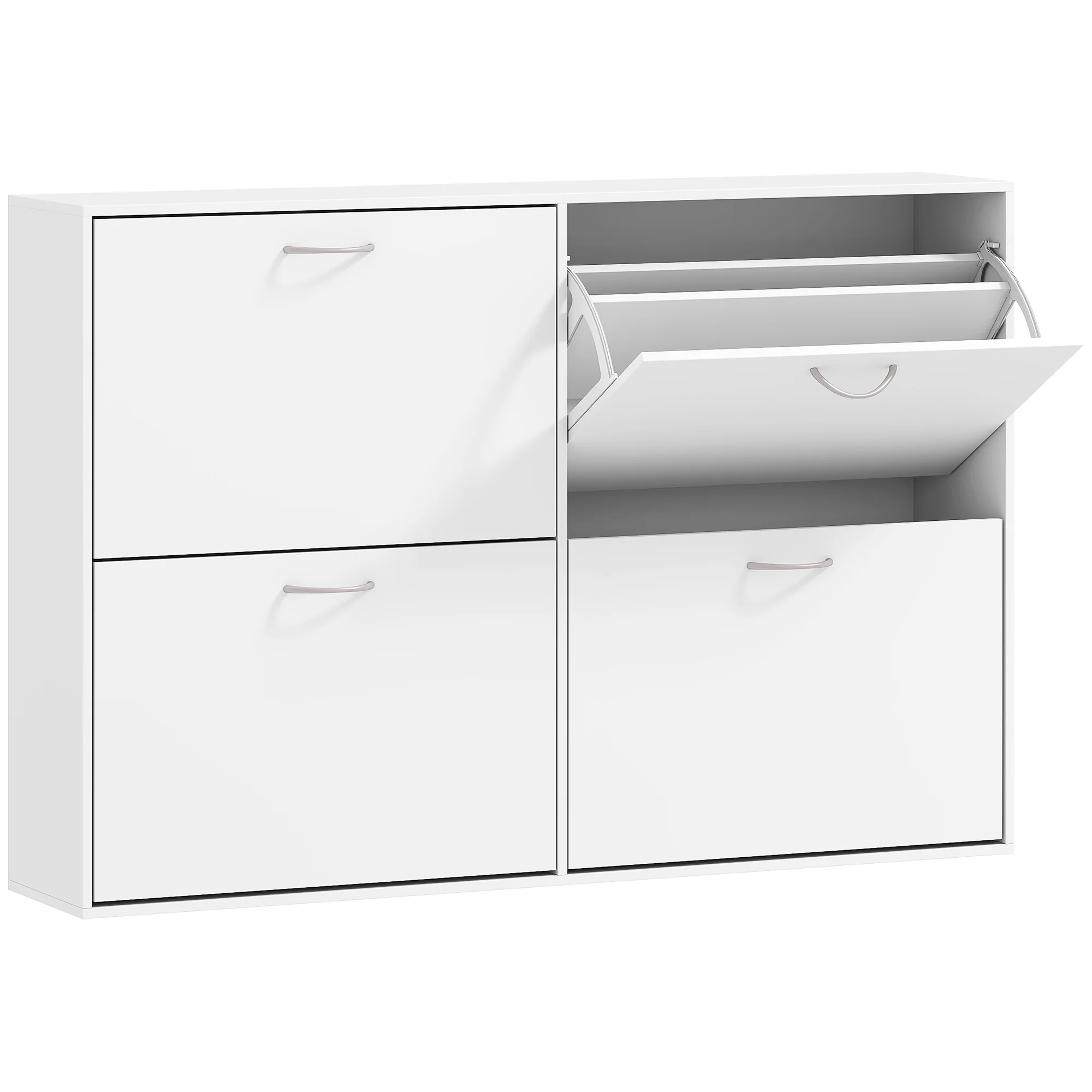 Armoire à Chaussures Meuble à Chaussures Grande Taille dim. 120L x 24l x 81H cm 4 Portes abattantes Double Niveau en Bois Blanc - Image 2