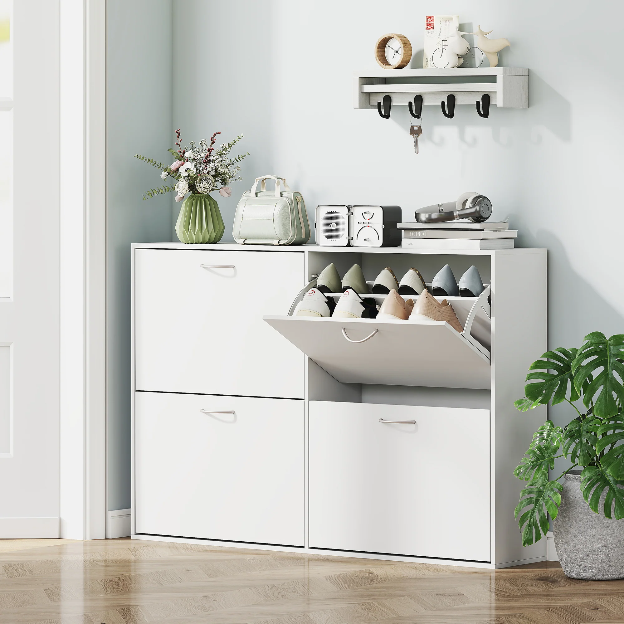 Armoire à Chaussures Meuble à Chaussures Grande Taille dim. 120L x 24l x 81H cm 4 Portes abattantes Double Niveau en Bois Blanc - Image 3