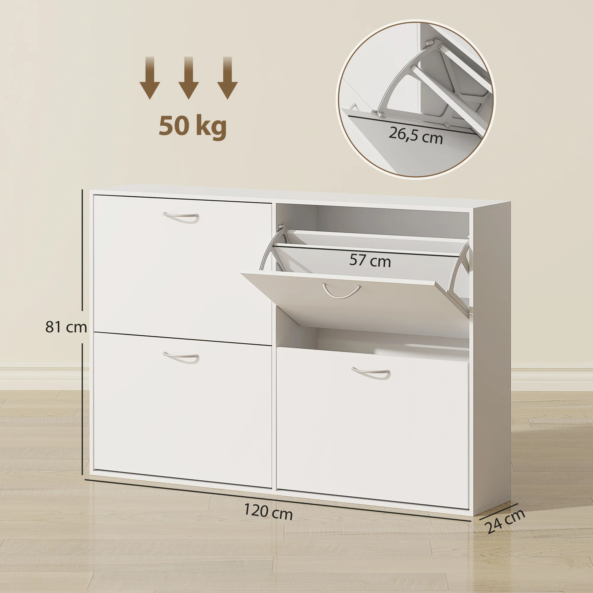 Armoire à Chaussures Meuble à Chaussures Grande Taille dim. 120L x 24l x 81H cm 4 Portes abattantes Double Niveau en Bois Blanc - Image 4