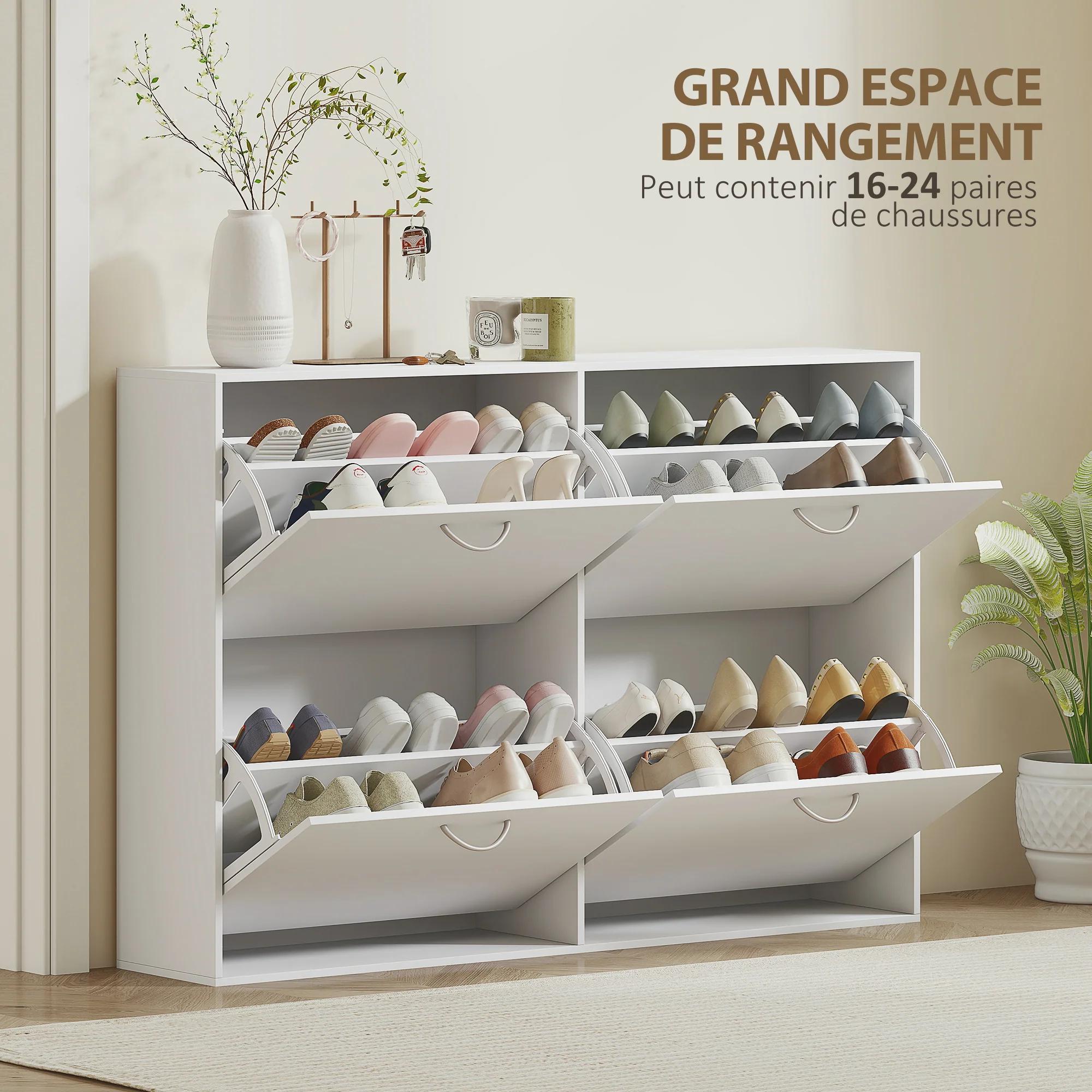 Armoire à Chaussures Meuble à Chaussures Grande Taille dim. 120L x 24l x 81H cm 4 Portes abattantes Double Niveau en Bois Blanc - Image 5