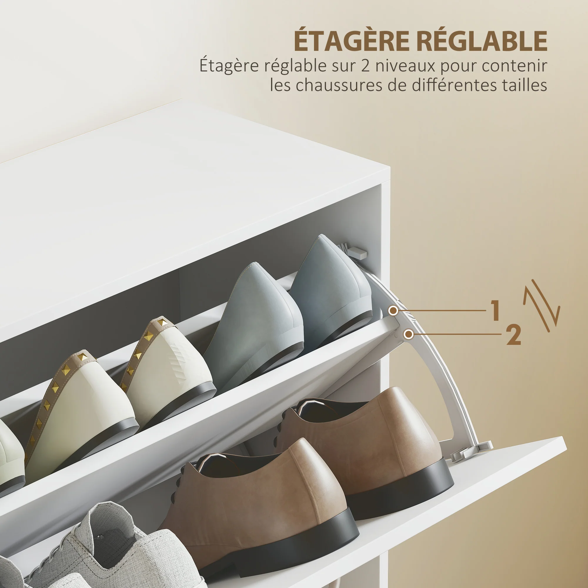 Armoire à Chaussures Meuble à Chaussures Grande Taille dim. 120L x 24l x 81H cm 4 Portes abattantes Double Niveau en Bois Blanc - Image 6
