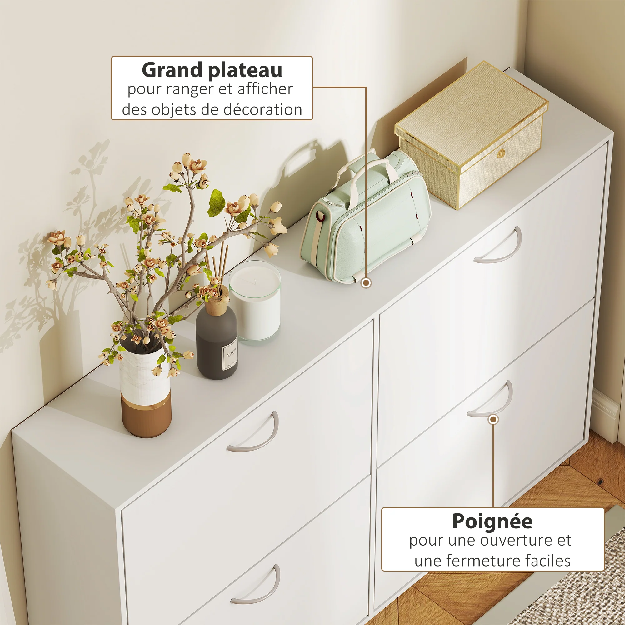 Armoire à Chaussures Meuble à Chaussures Grande Taille dim. 120L x 24l x 81H cm 4 Portes abattantes Double Niveau en Bois Blanc - Image 7