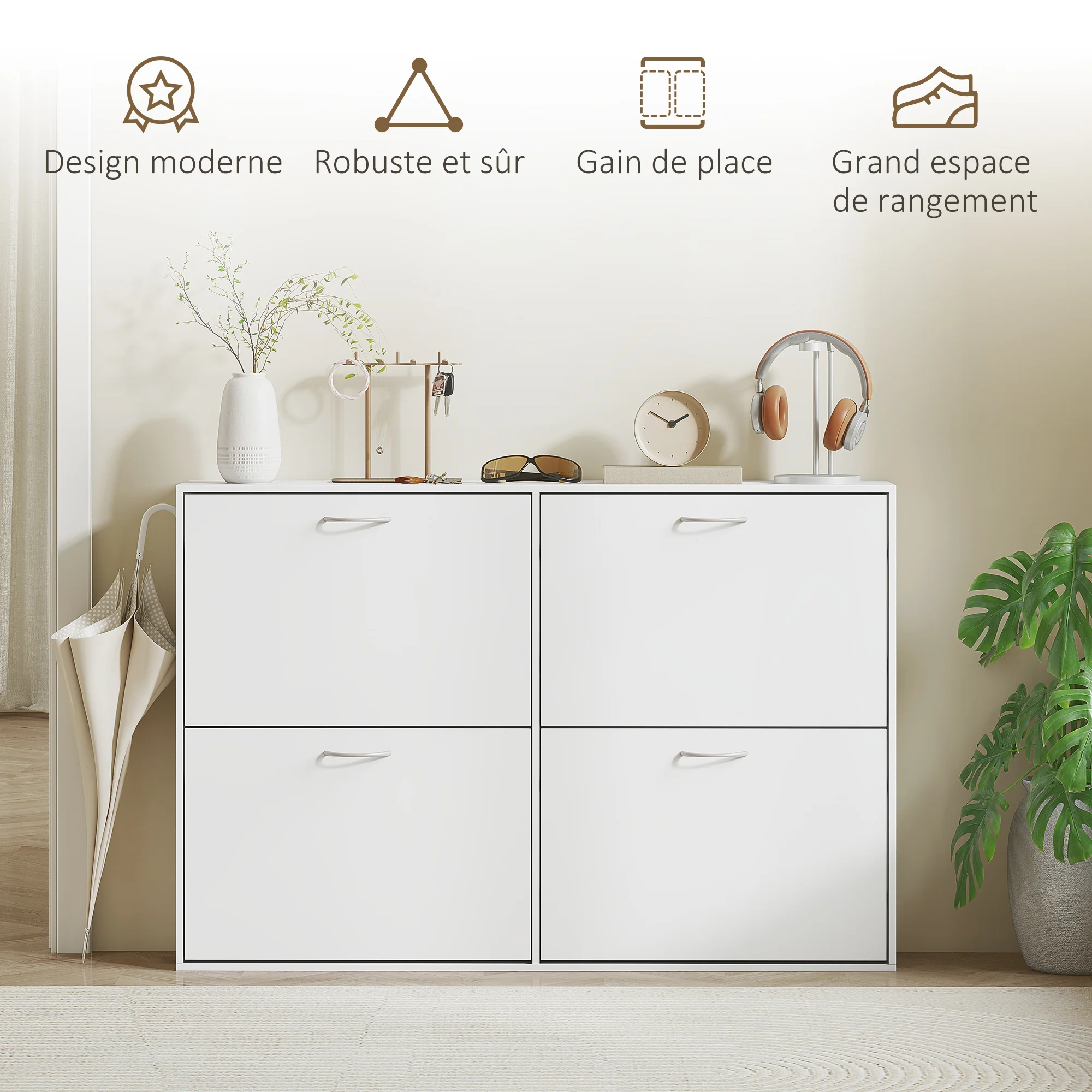 Armoire à Chaussures Meuble à Chaussures Grande Taille dim. 120L x 24l x 81H cm 4 Portes abattantes Double Niveau en Bois Blanc - Image 8