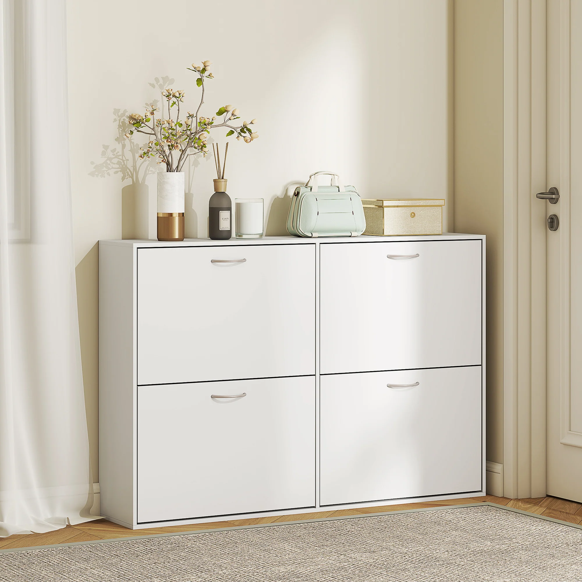 Armoire à Chaussures Meuble à Chaussures Grande Taille dim. 120L x 24l x 81H cm 4 Portes abattantes Double Niveau en Bois Blanc - Image 9