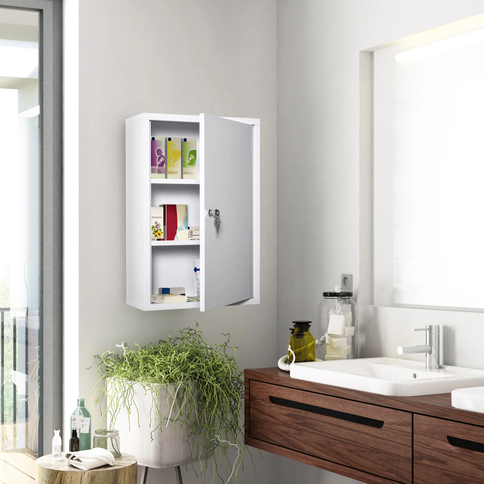 Armoire à Pharmacie 2 étagères 3 Niveaux verrouillable dim. 40L x 18l x 60H cm 2 clés métal Blanc - Image 3