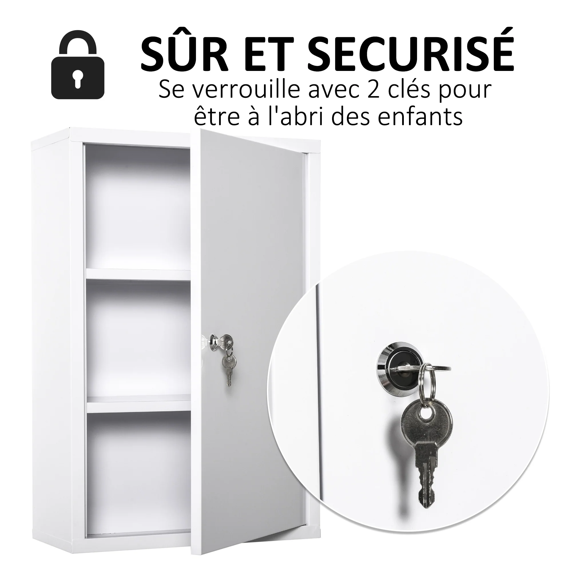 Armoire à Pharmacie 2 étagères 3 Niveaux verrouillable dim. 40L x 18l x 60H cm 2 clés métal Blanc - Image 5