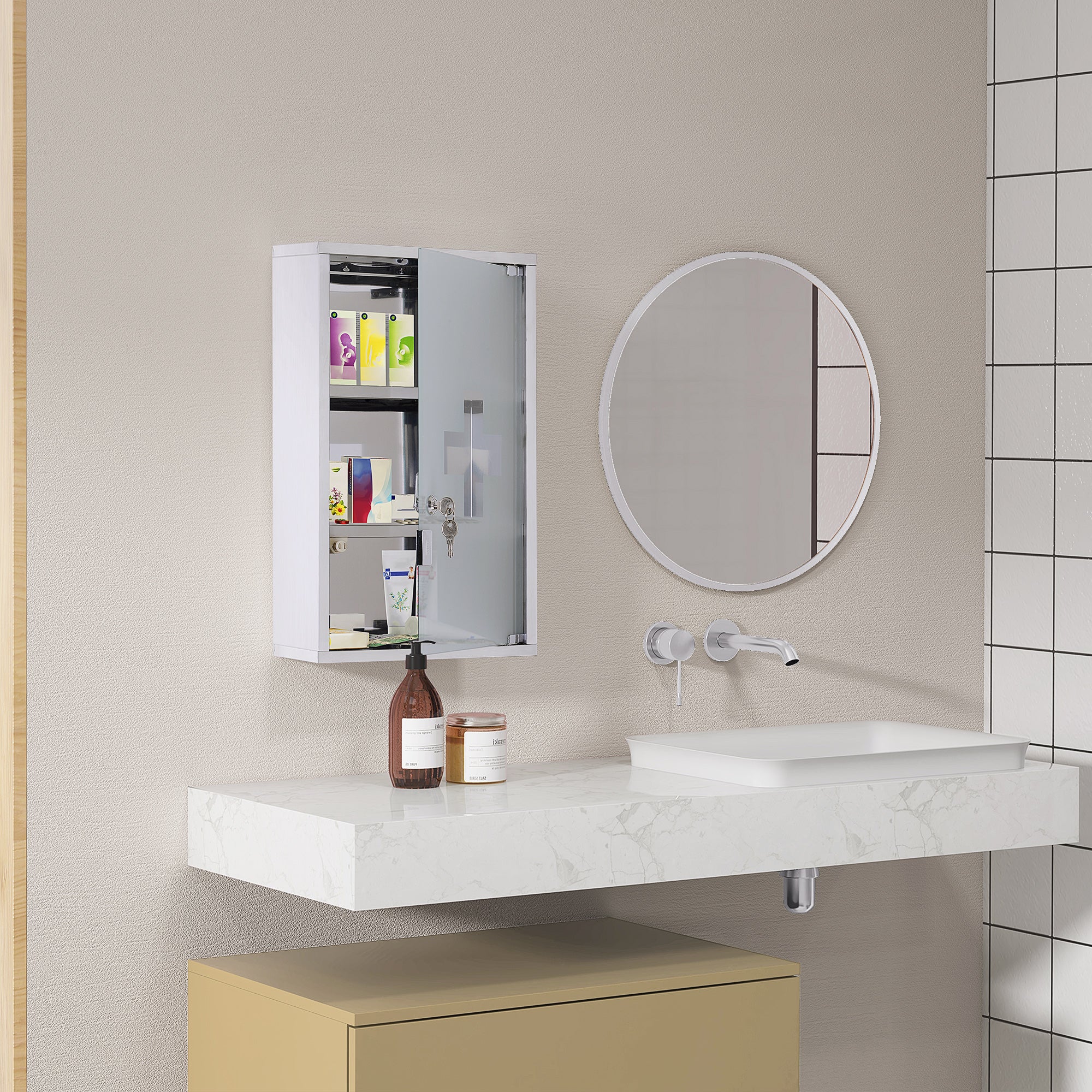 Armoire à pharmacie murale à 3 niveaux en acier inoxydable avec porte verrouillable en verre avec 2 clés étagères de rangement argent - Image 3