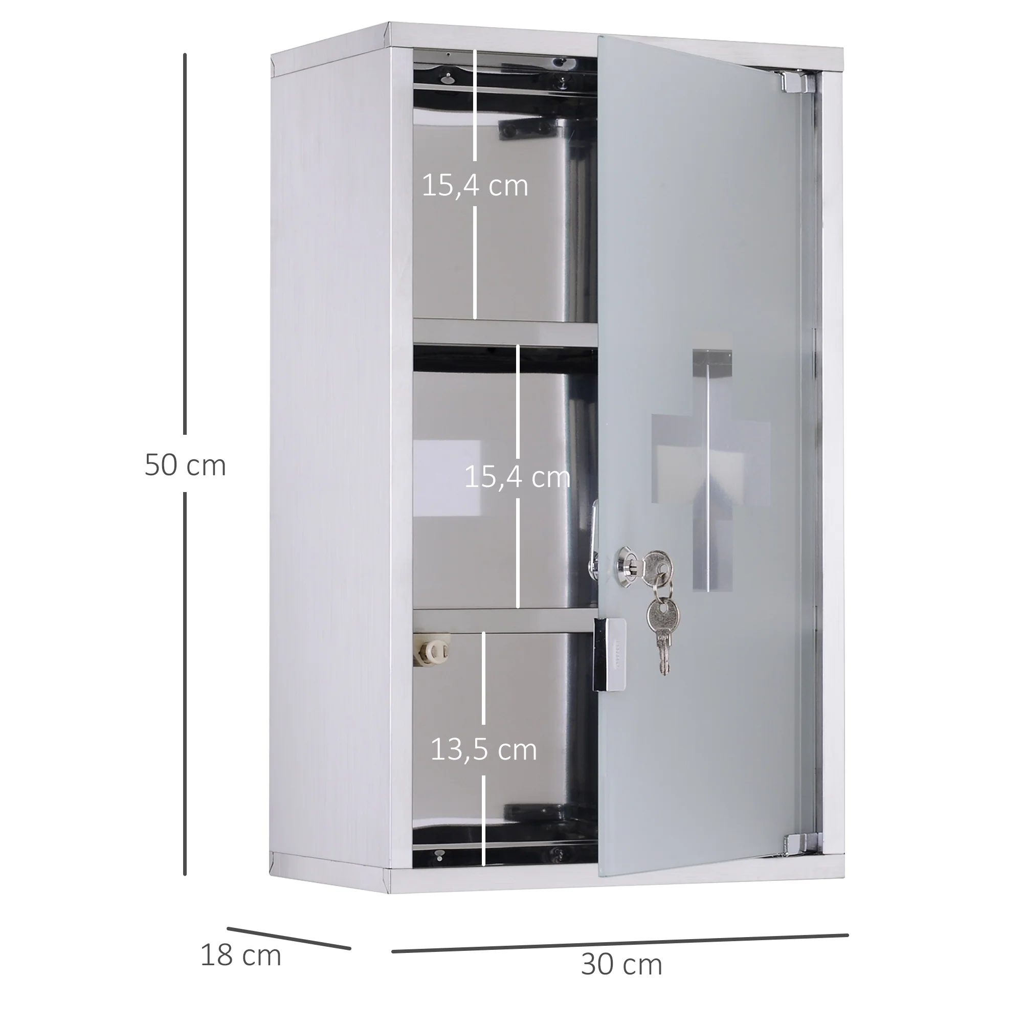 Armoire à pharmacie murale à 3 niveaux en acier inoxydable avec porte verrouillable en verre avec 2 clés étagères de rangement argent - Image 4